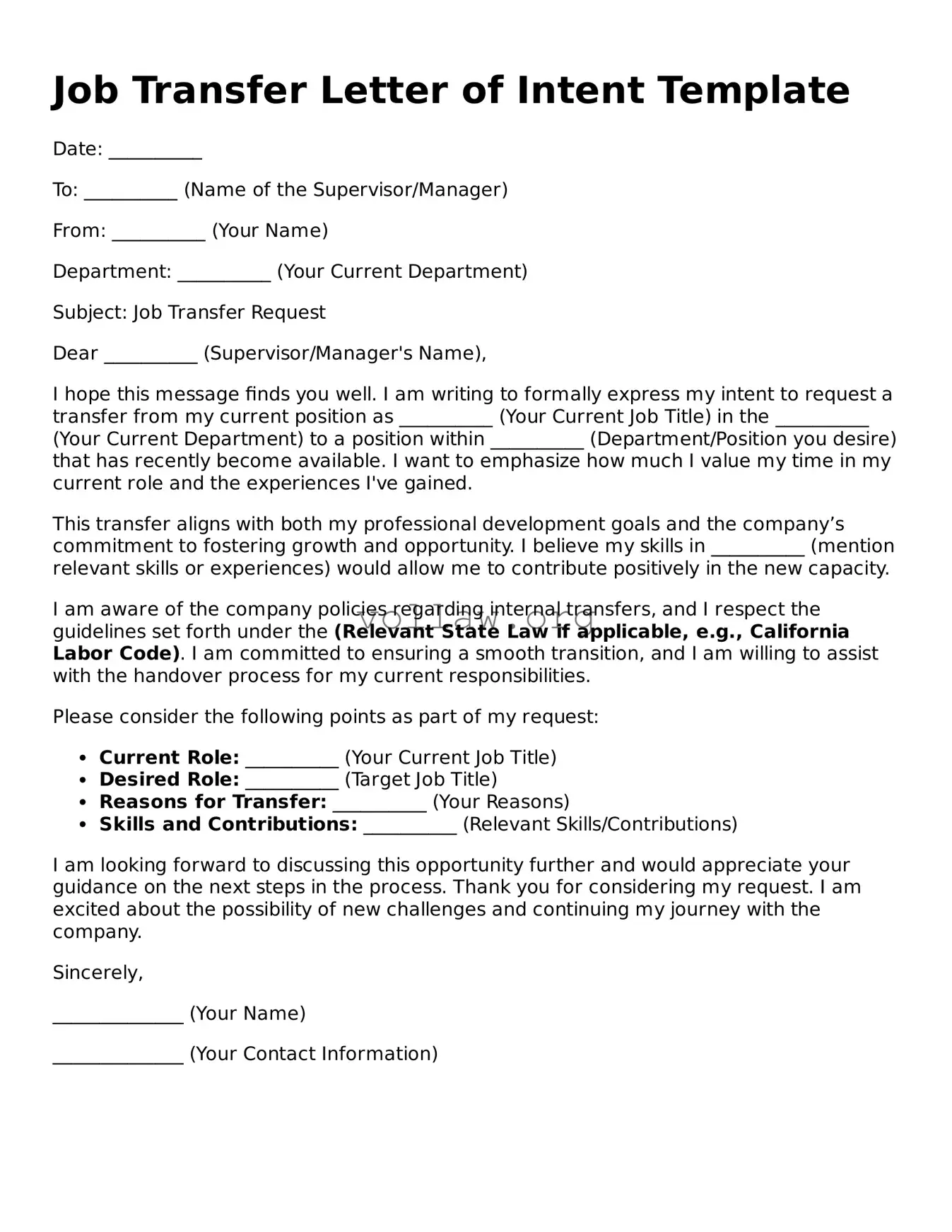 Free Job Transfer Letter of Intent Form