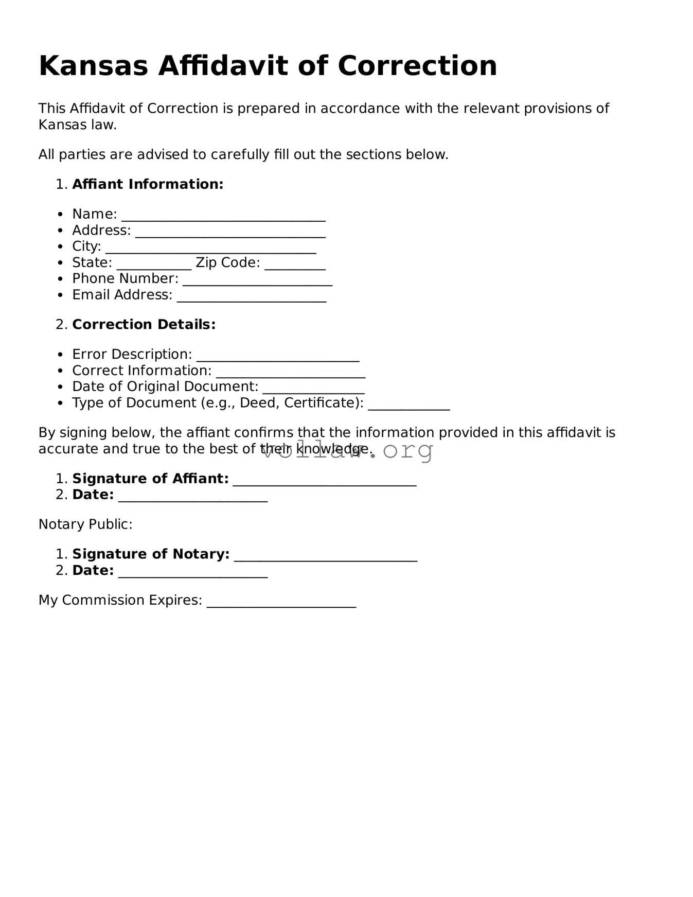 Attorney-Verified  Affidavit of Correction Form for Kansas