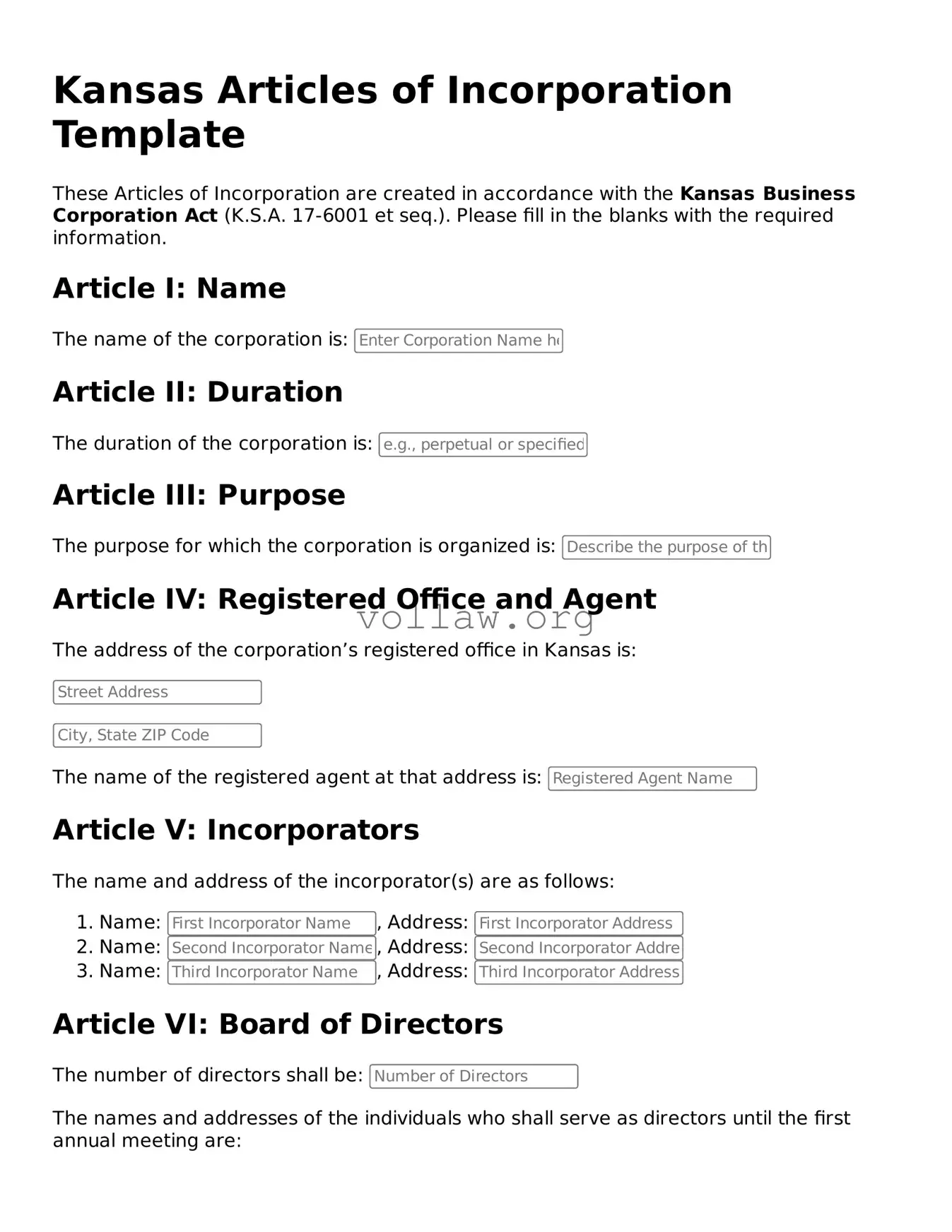 Attorney-Verified  Articles of Incorporation Form for Kansas
