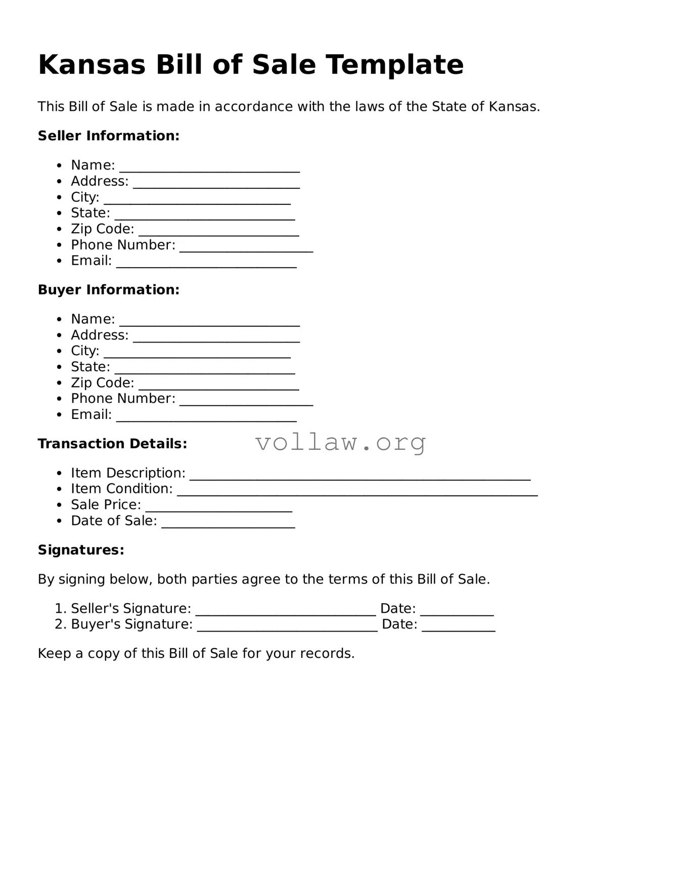 Attorney-Verified  Bill of Sale Form for Kansas