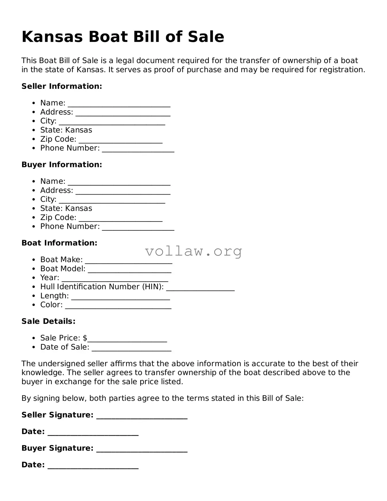 Attorney-Verified  Boat Bill of Sale Form for Kansas