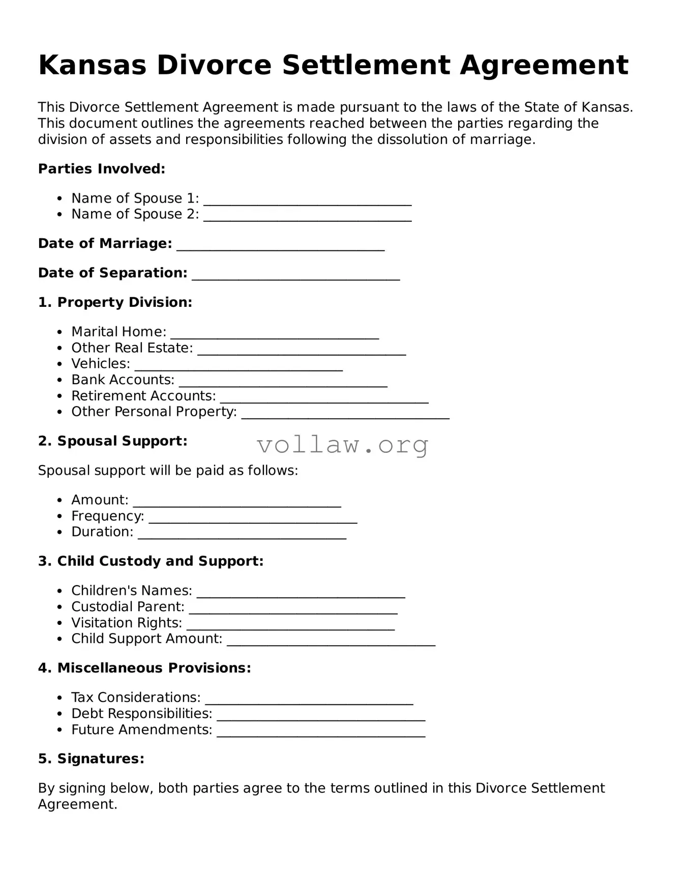Attorney-Verified  Divorce Settlement Agreement Form for Kansas