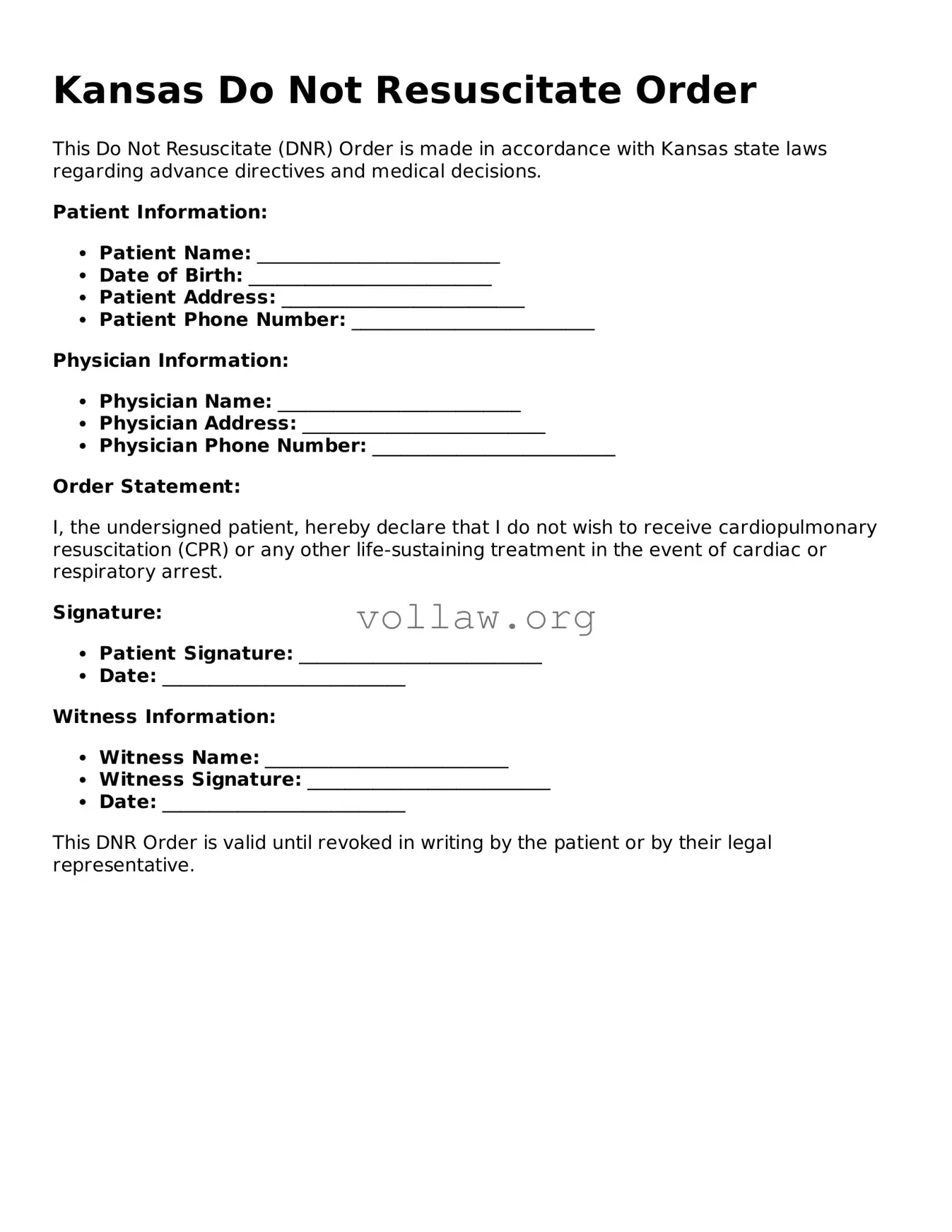 Attorney-Verified  Do Not Resuscitate Order Form for Kansas
