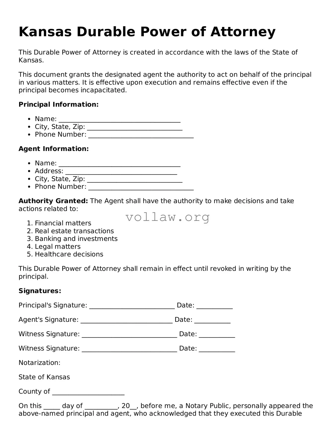 Attorney-Verified  Durable Power of Attorney Form for Kansas