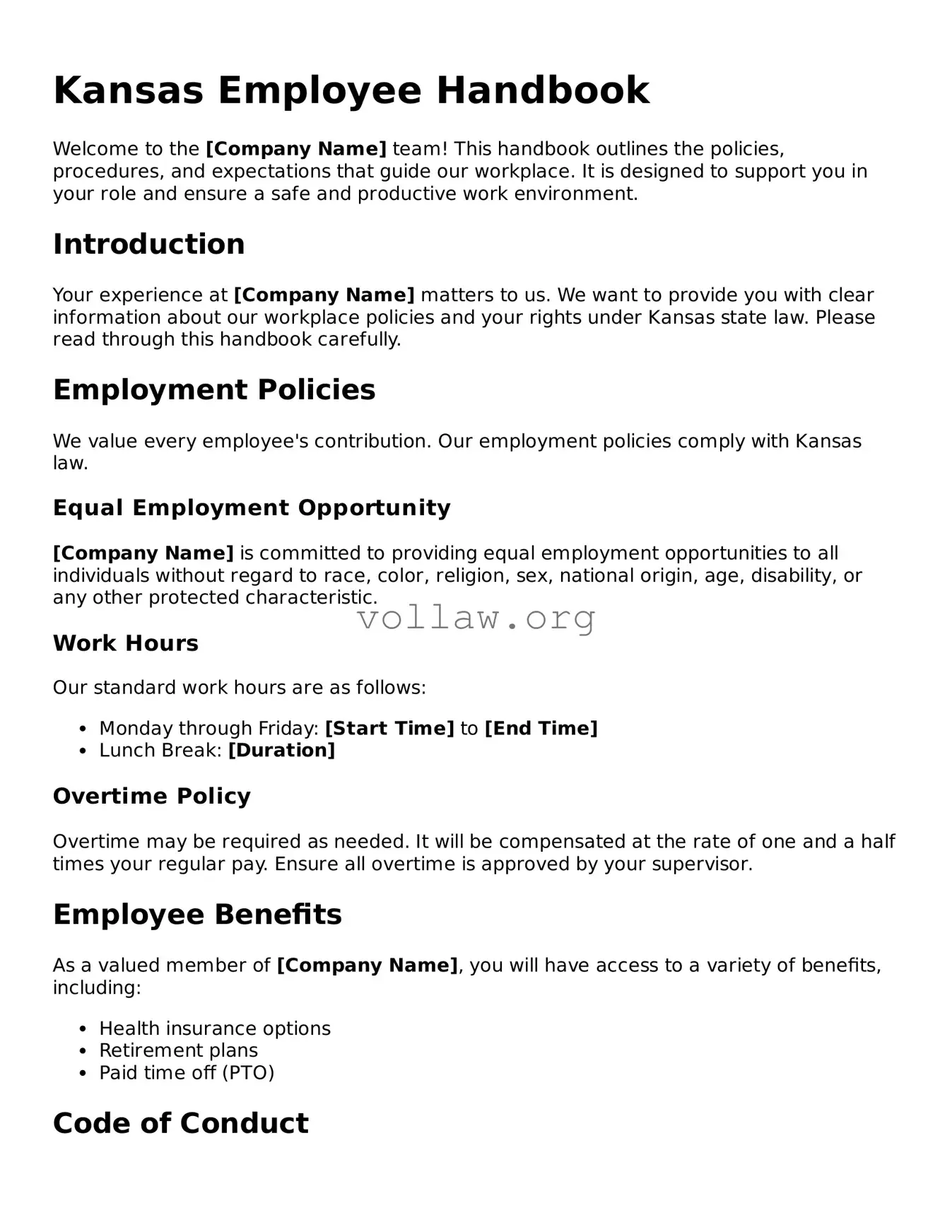 Attorney-Verified  Employee Handbook Form for Kansas