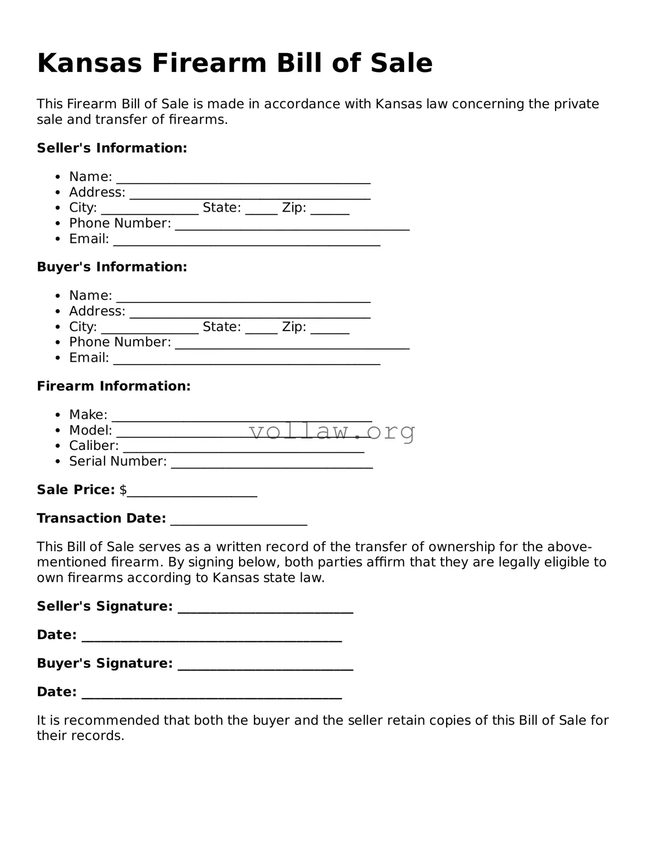Attorney-Verified  Firearm Bill of Sale Form for Kansas