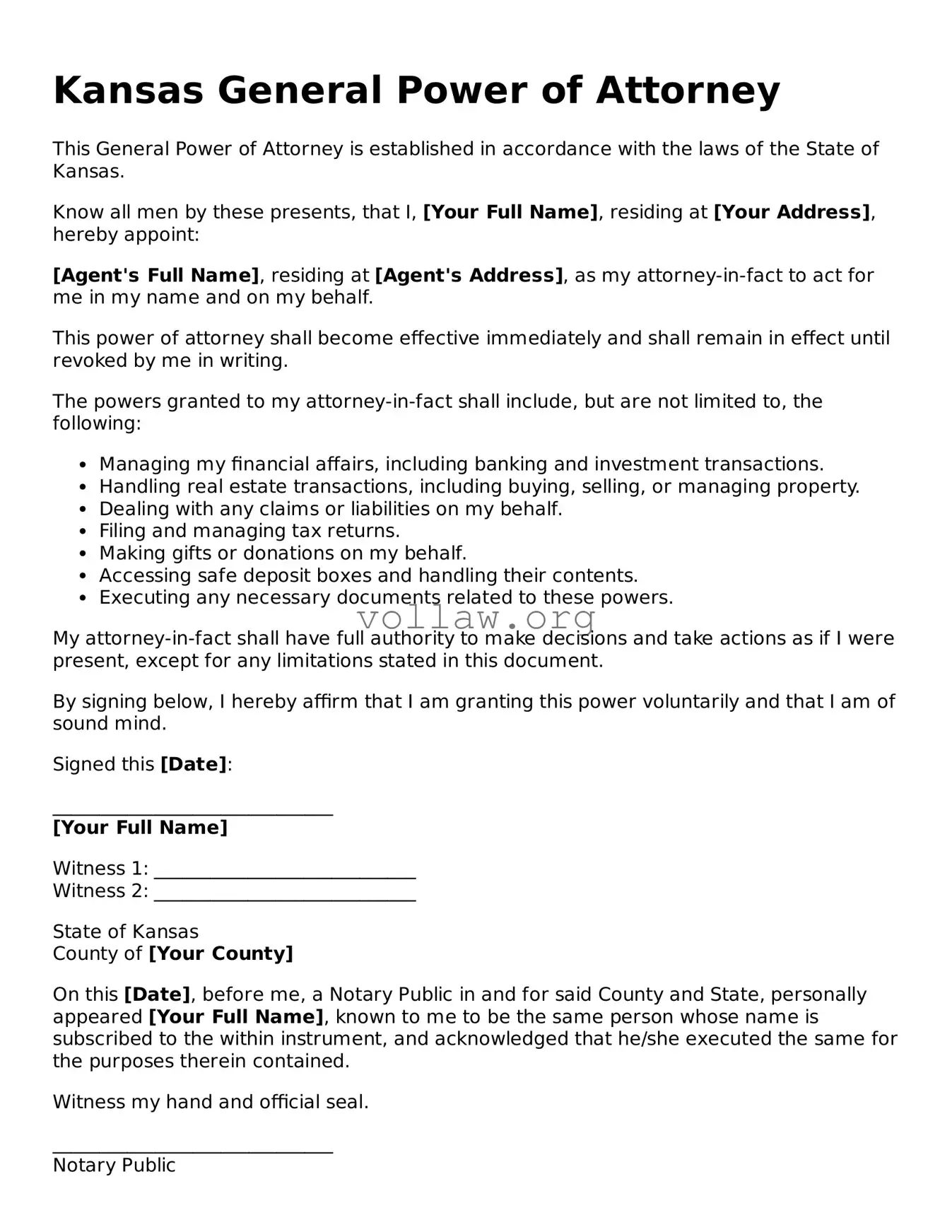 Attorney-Verified  General Power of Attorney Form for Kansas