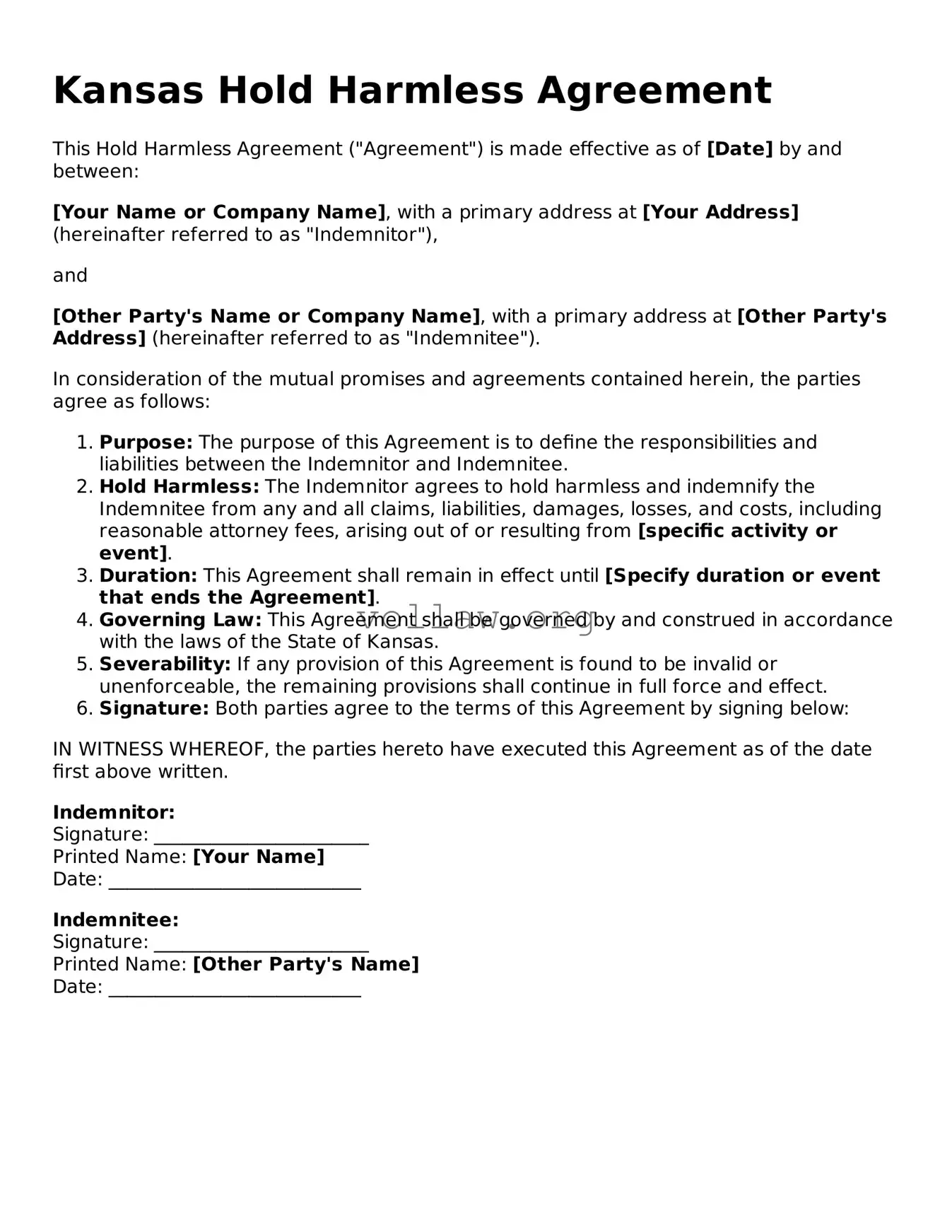 Attorney-Verified  Hold Harmless Agreement Form for Kansas