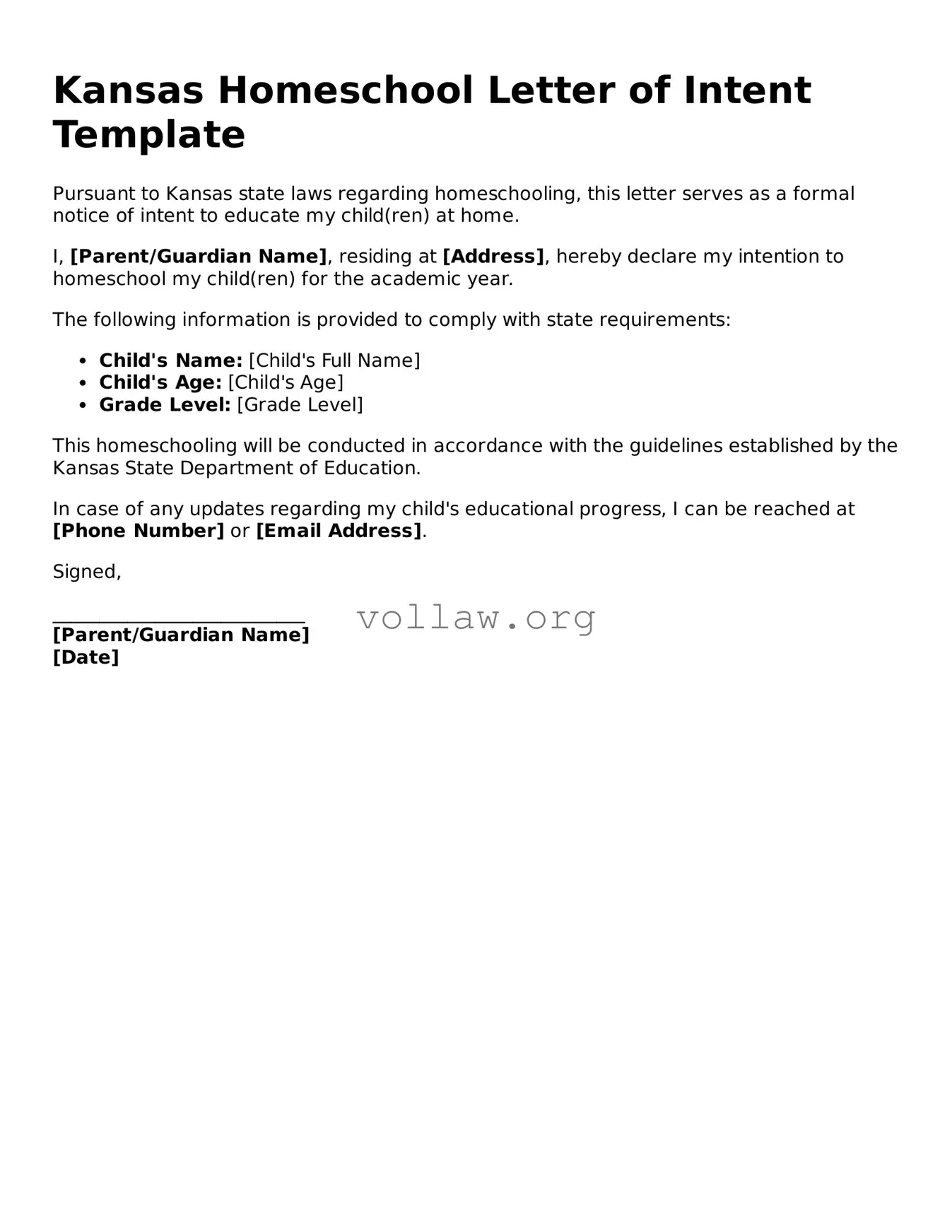 Attorney-Verified  Homeschool Letter of Intent Form for Kansas