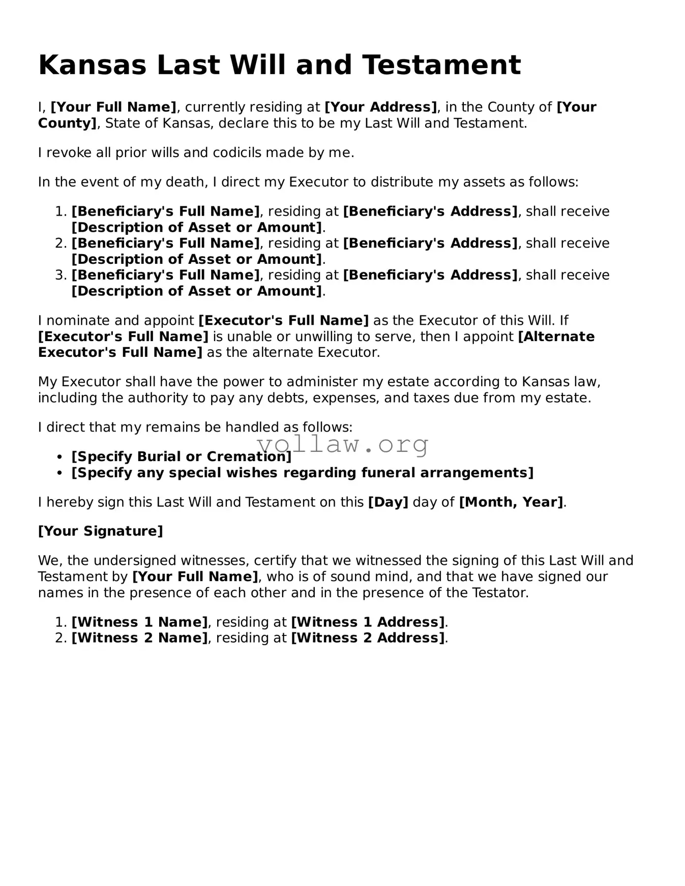 Attorney-Verified  Last Will and Testament Form for Kansas