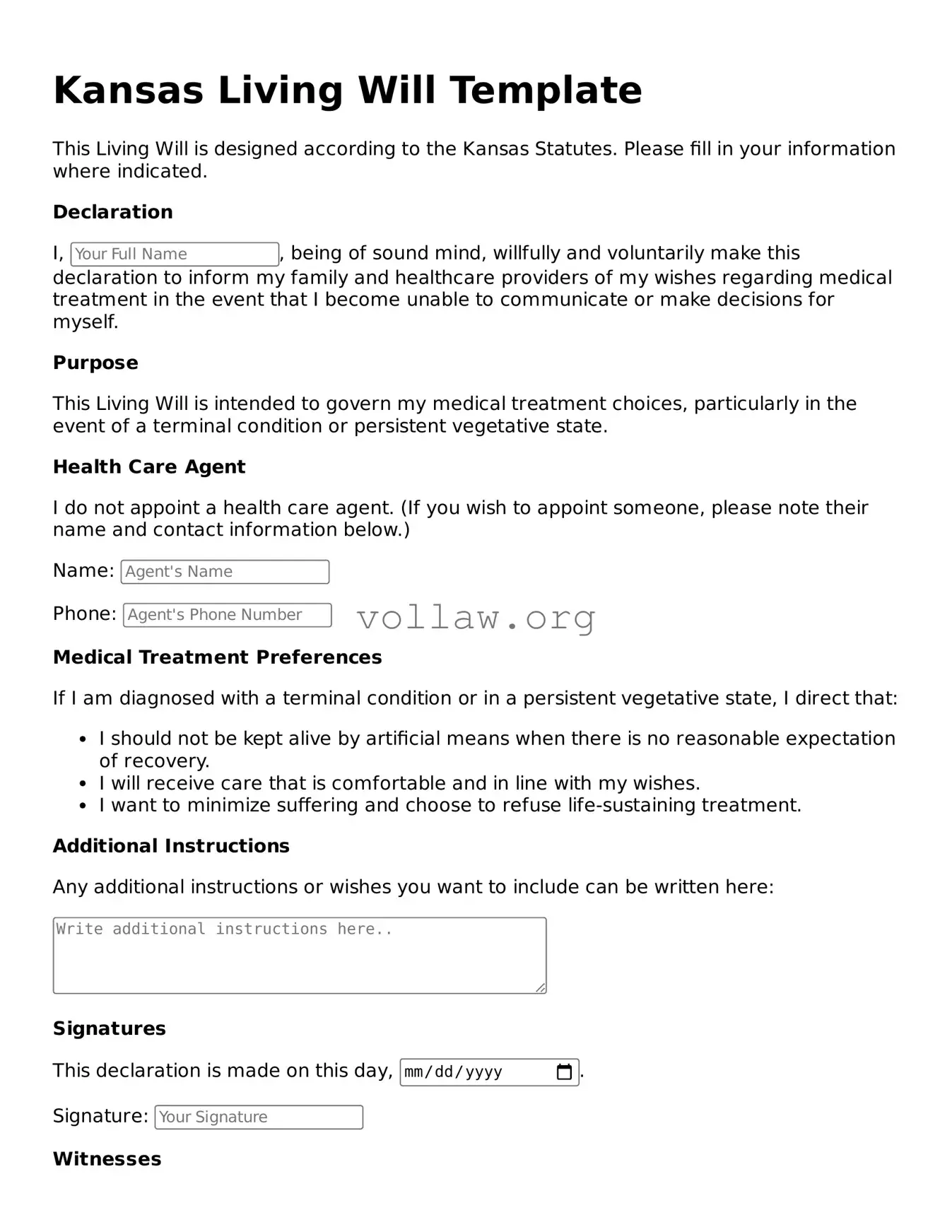 Attorney-Verified  Living Will Form for Kansas