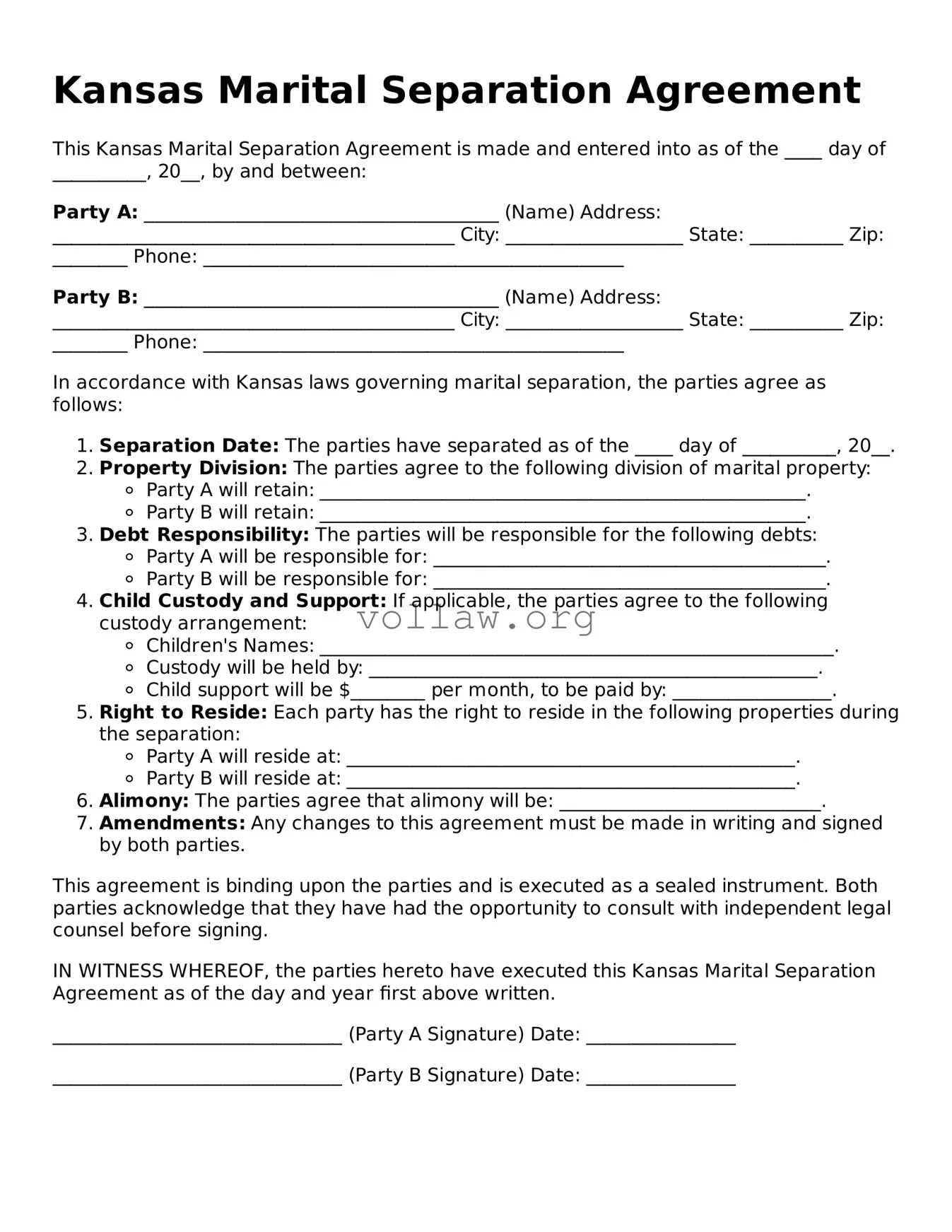 Attorney-Verified  Marital Separation Agreement Form for Kansas