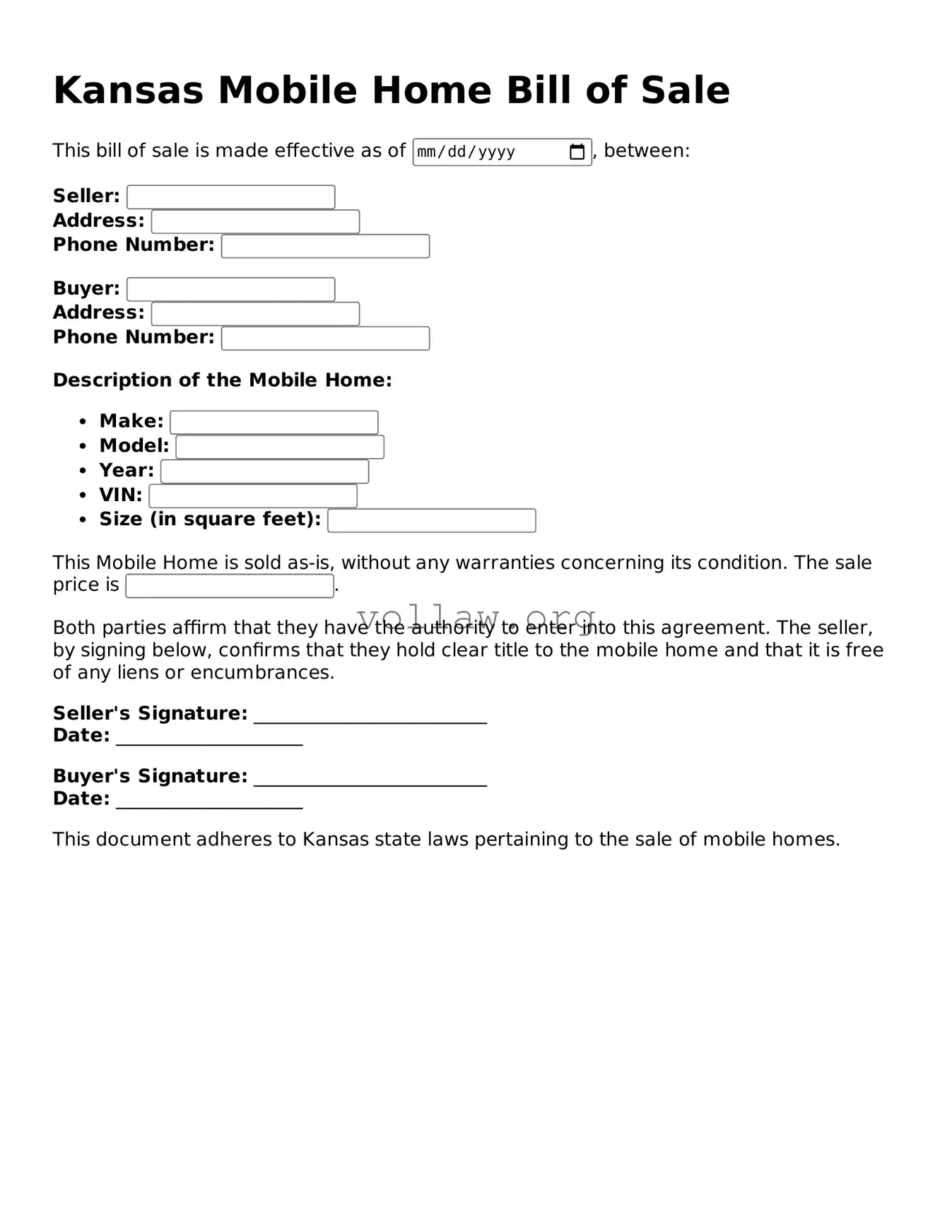 Attorney-Verified  Mobile Home Bill of Sale Form for Kansas