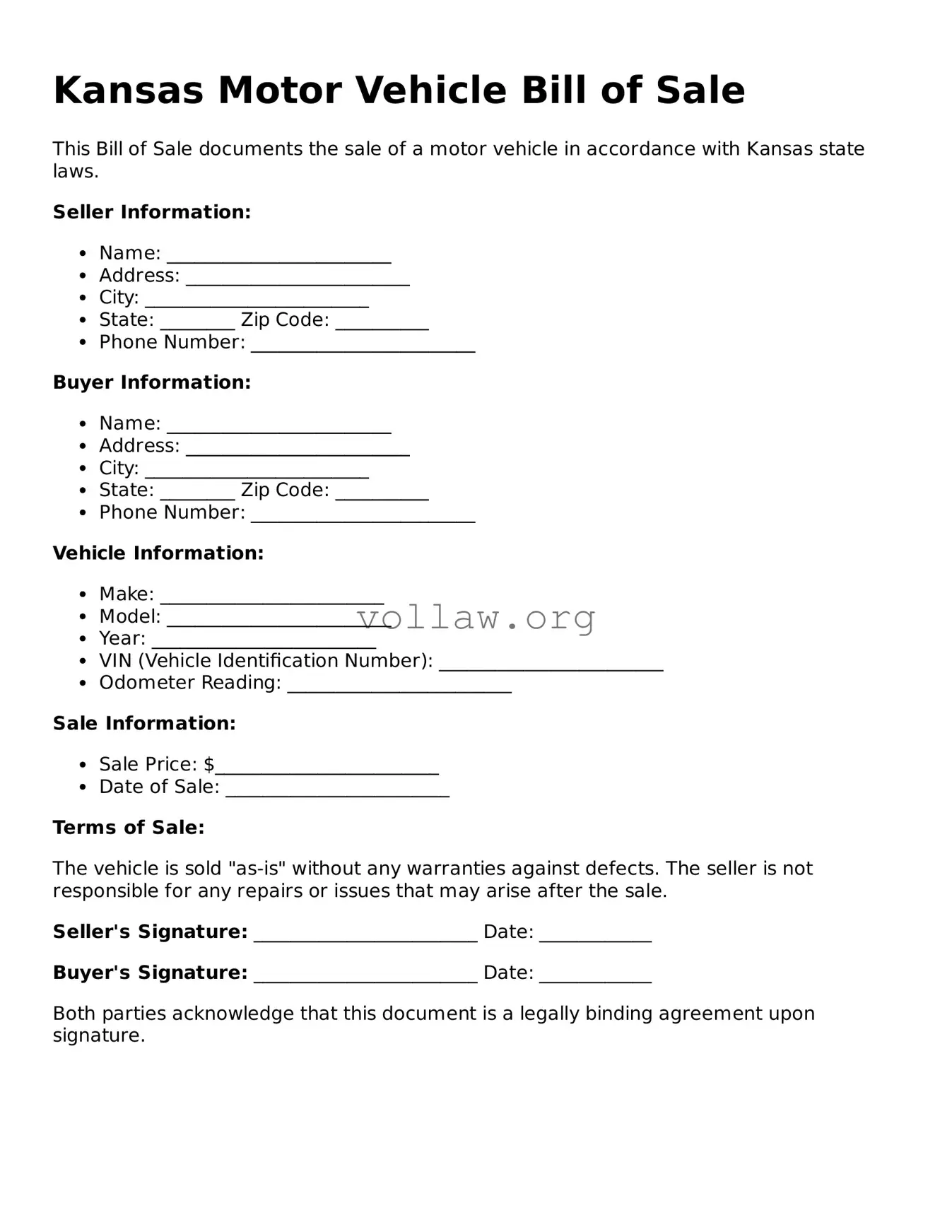 Attorney-Verified  Motor Vehicle Bill of Sale Form for Kansas