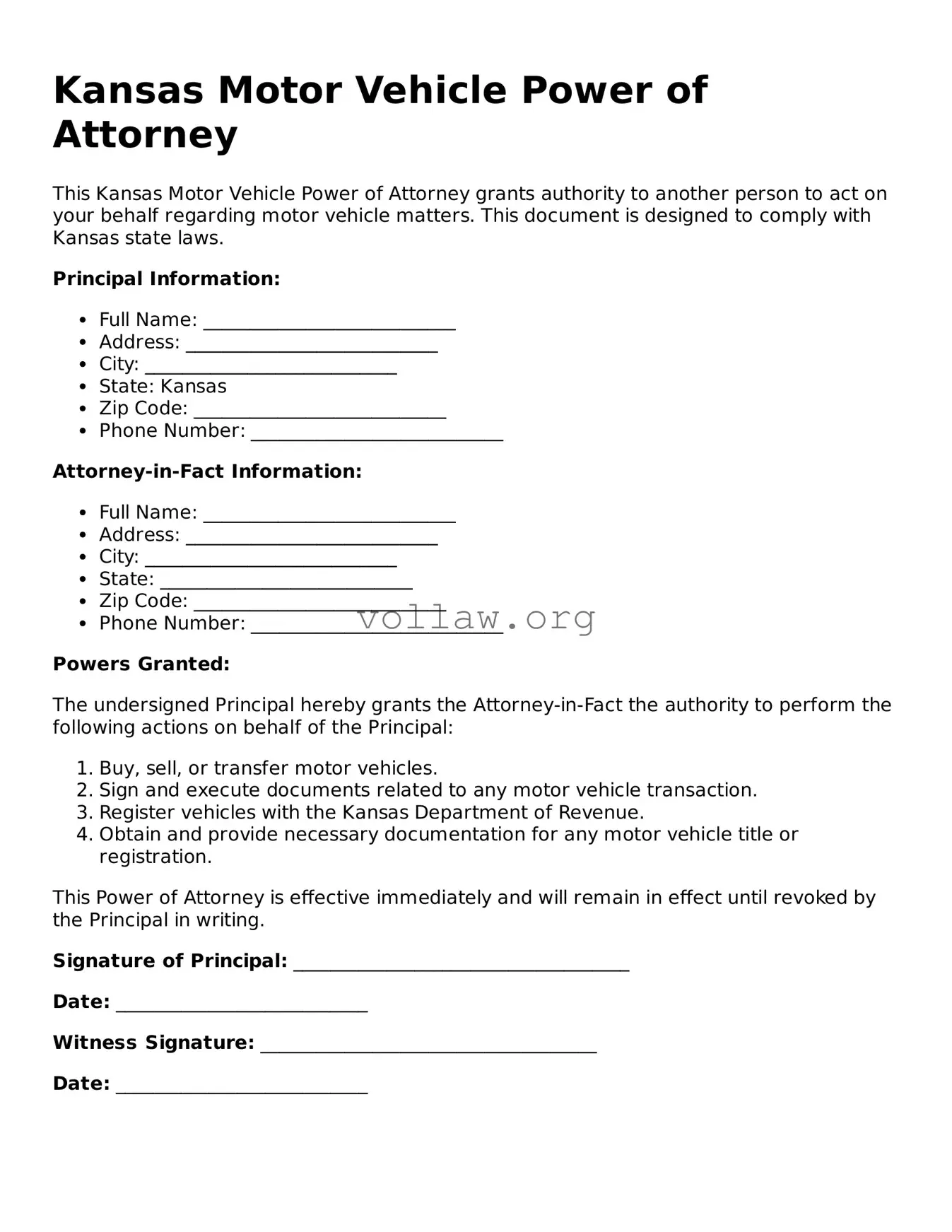 Attorney-Verified  Motor Vehicle Power of Attorney Form for Kansas