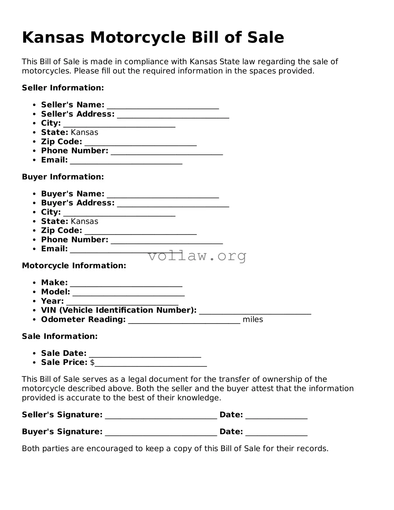 Attorney-Verified  Motorcycle Bill of Sale Form for Kansas