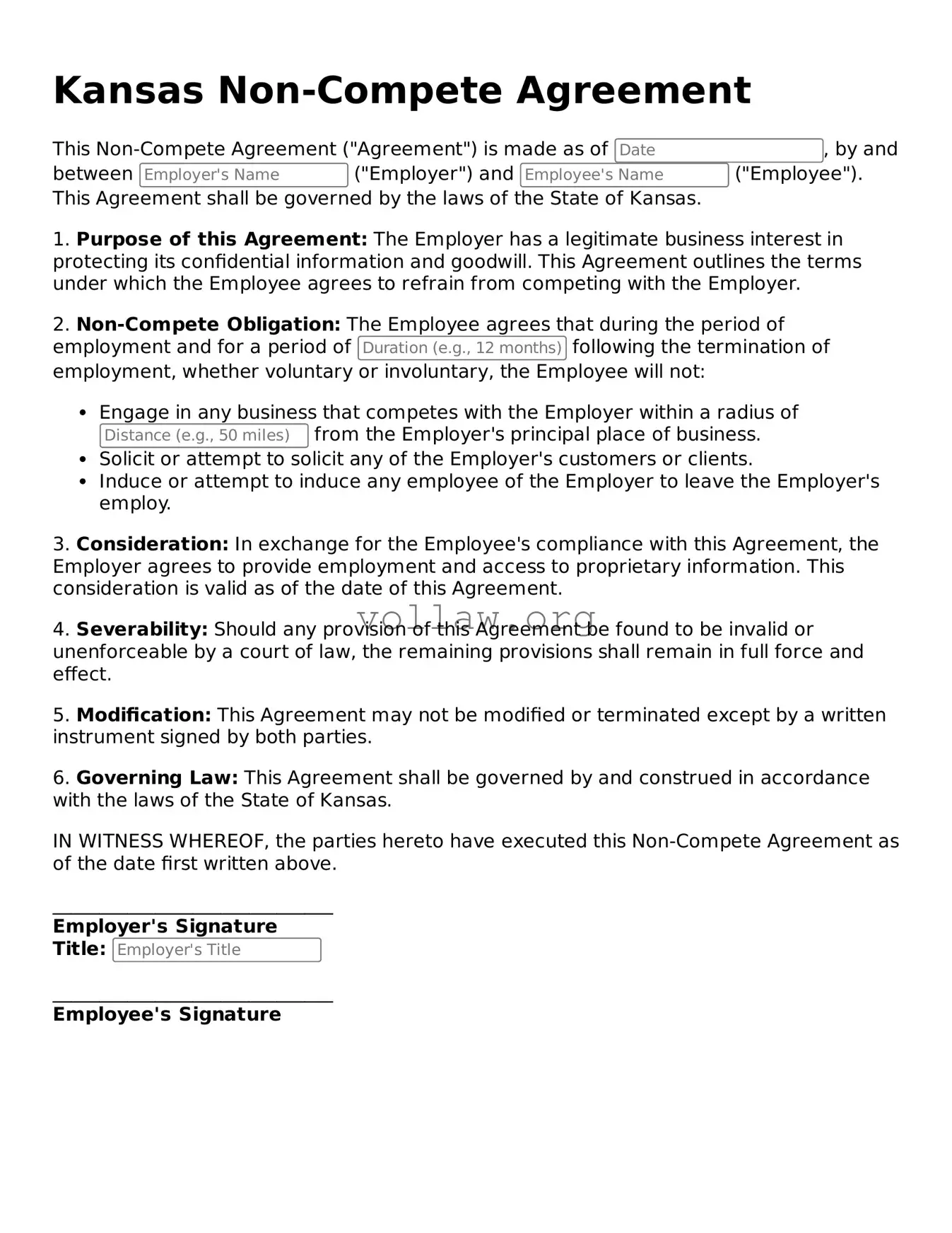 Attorney-Verified  Non-compete Agreement Form for Kansas