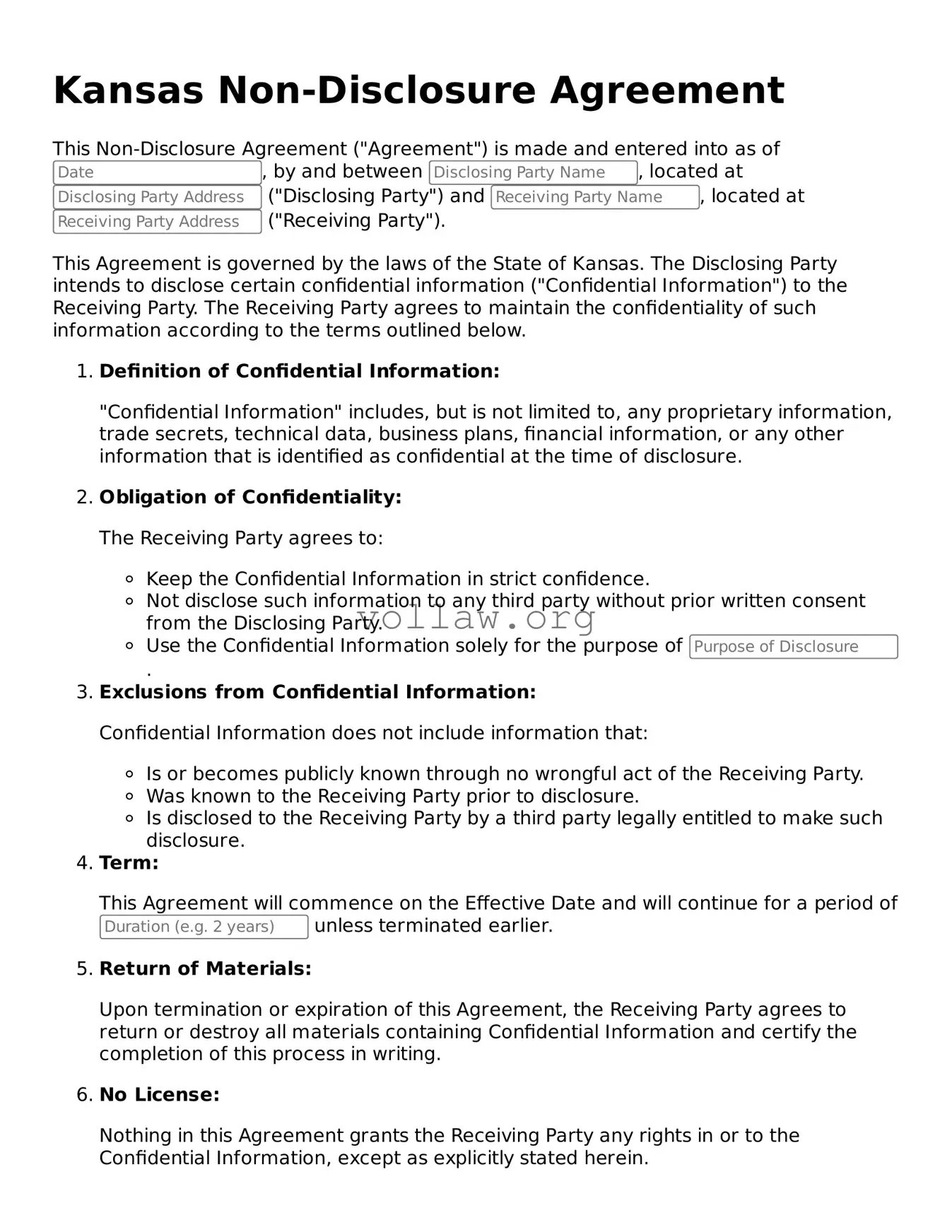 Attorney-Verified  Non-disclosure Agreement Form for Kansas