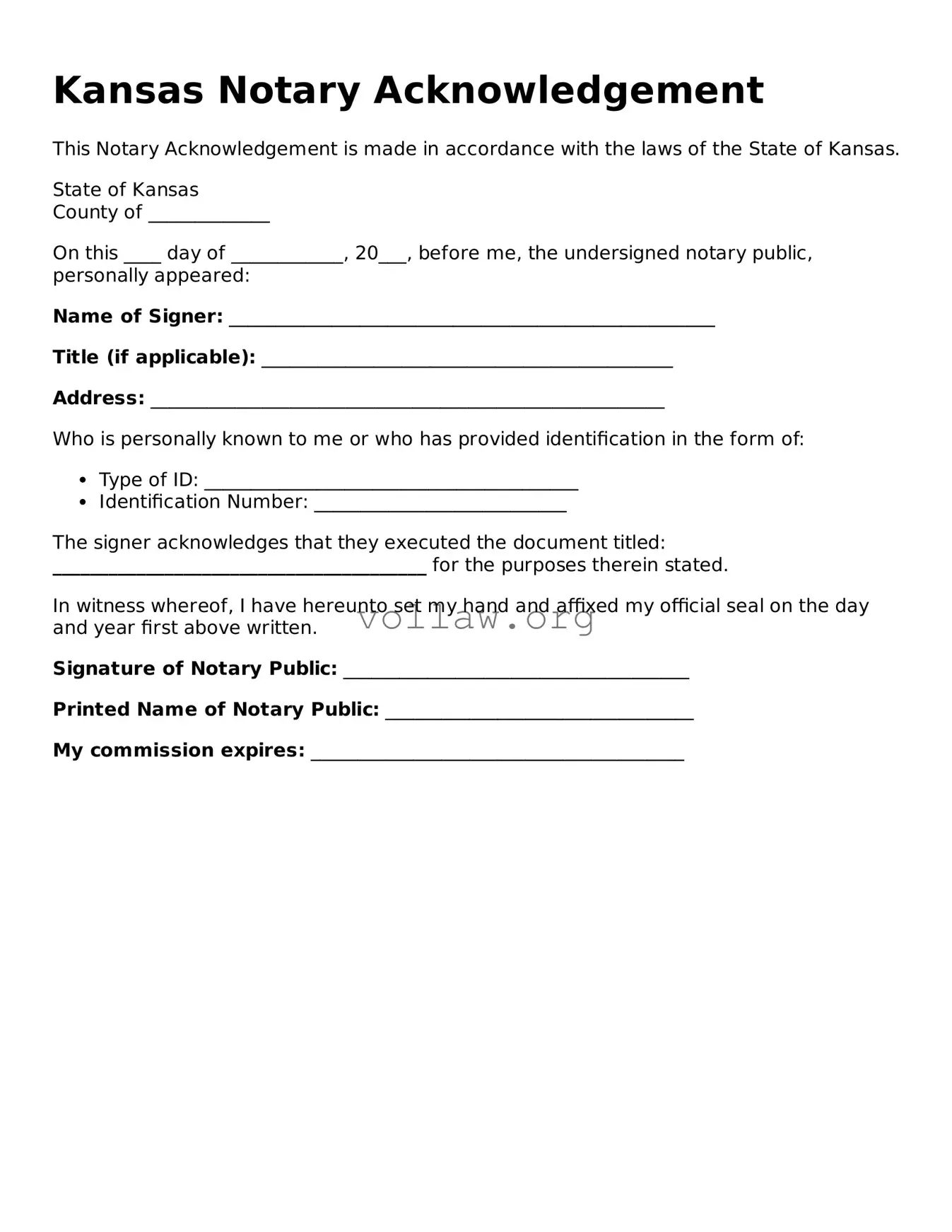 Attorney-Verified  Notary Acknowledgement Form for Kansas