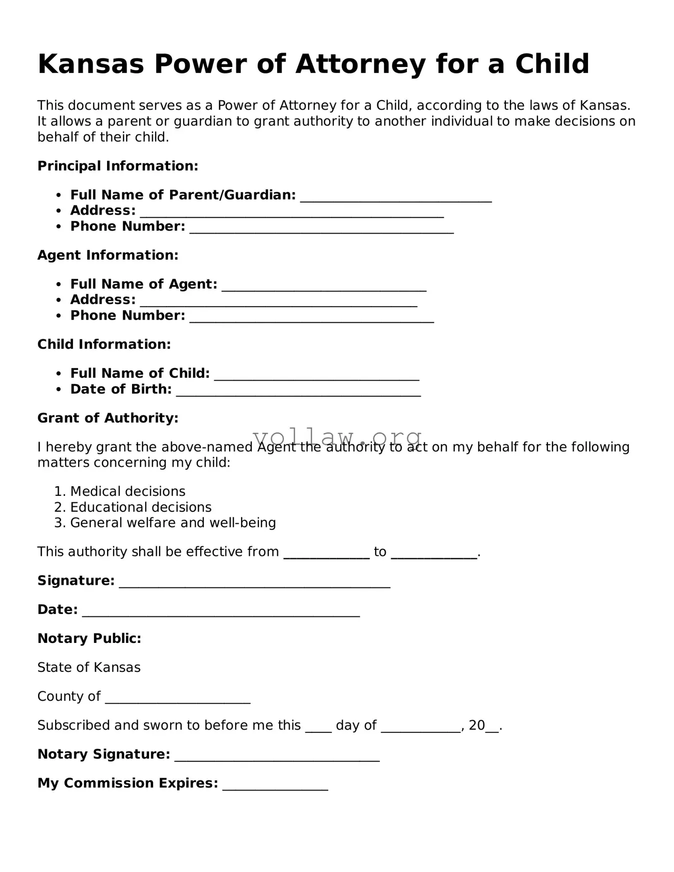 Attorney-Verified  Power of Attorney for a Child Form for Kansas