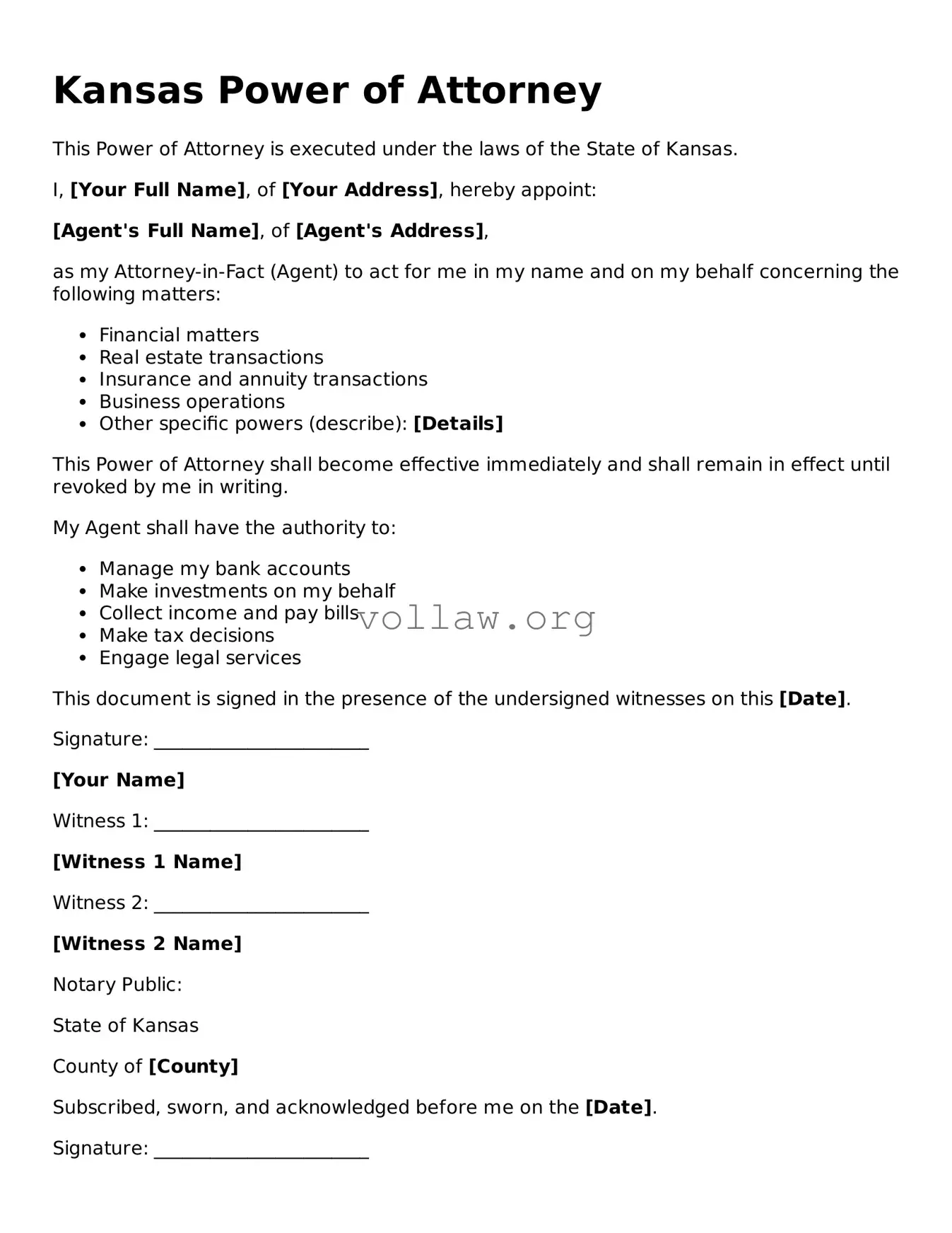 Attorney-Verified  Power of Attorney Form for Kansas