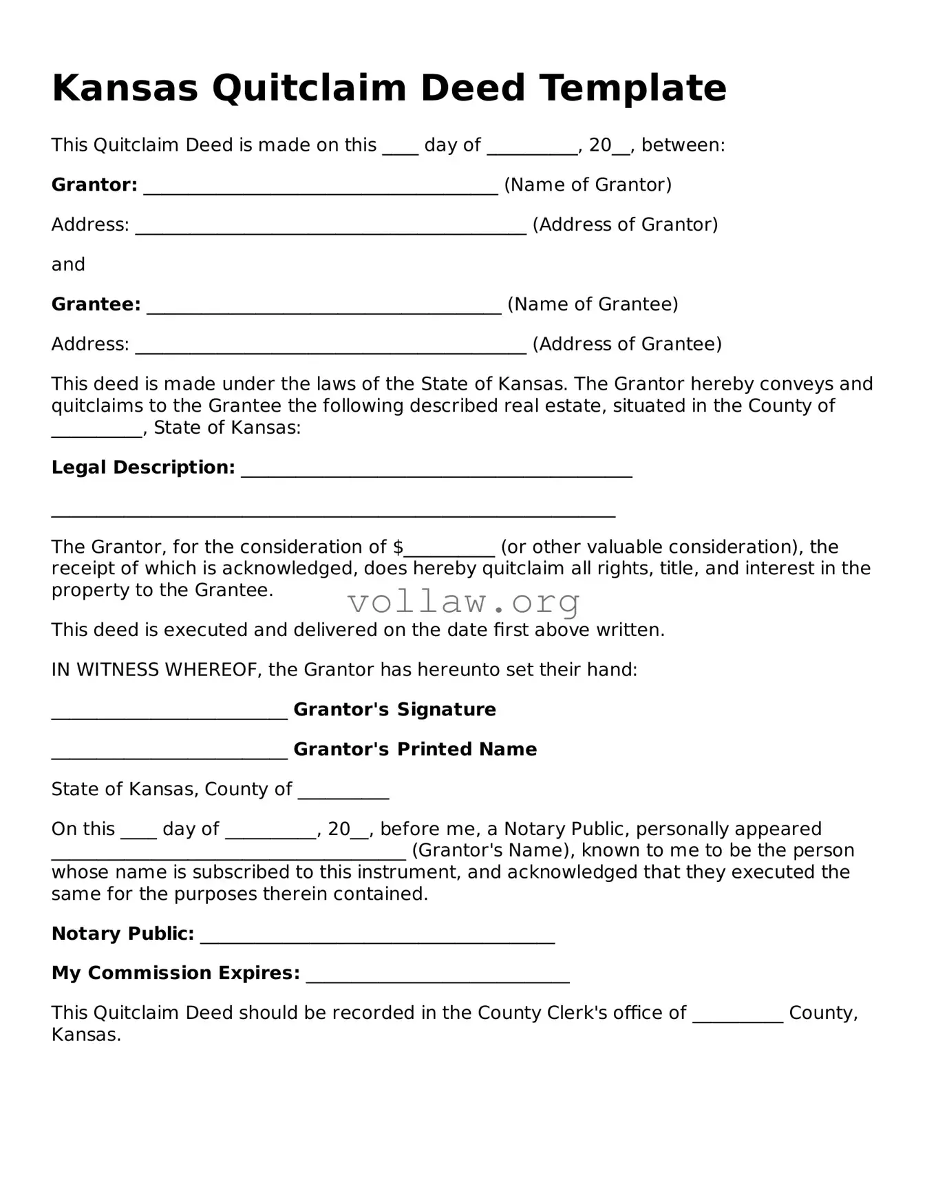 Attorney-Verified  Quitclaim Deed Form for Kansas