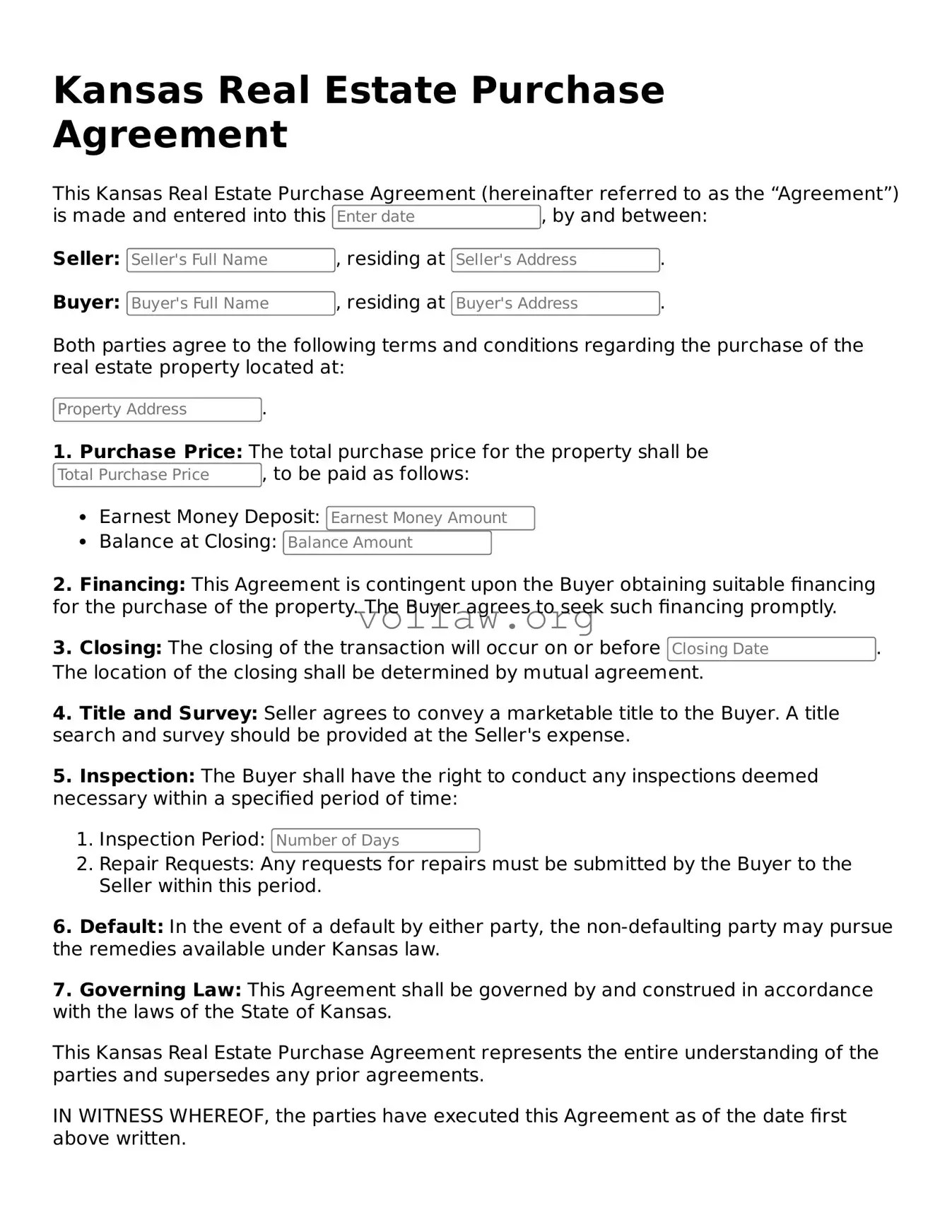 Attorney-Verified  Real Estate Purchase Agreement Form for Kansas