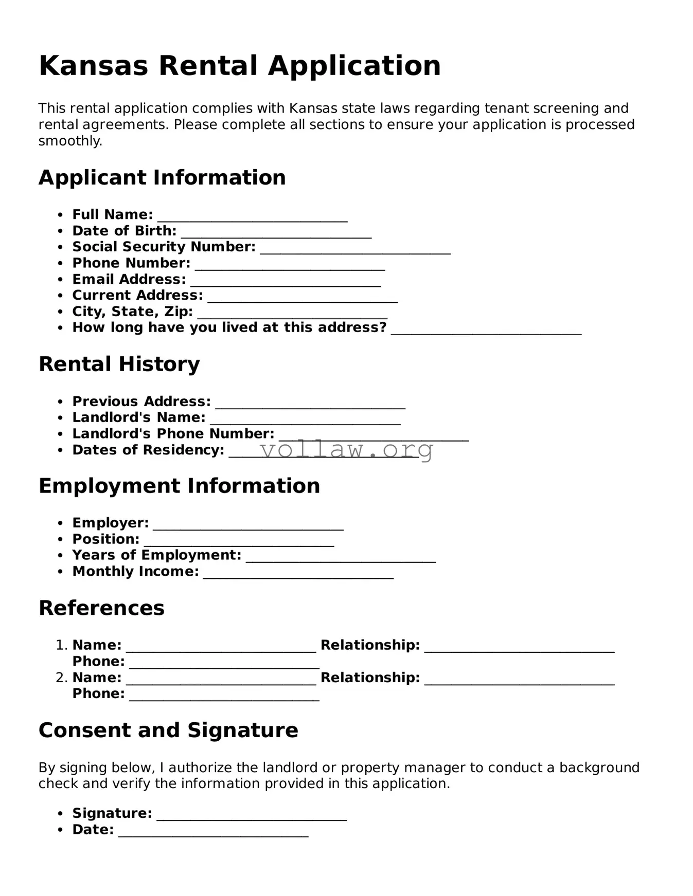 Attorney-Verified  Rental Application Form for Kansas