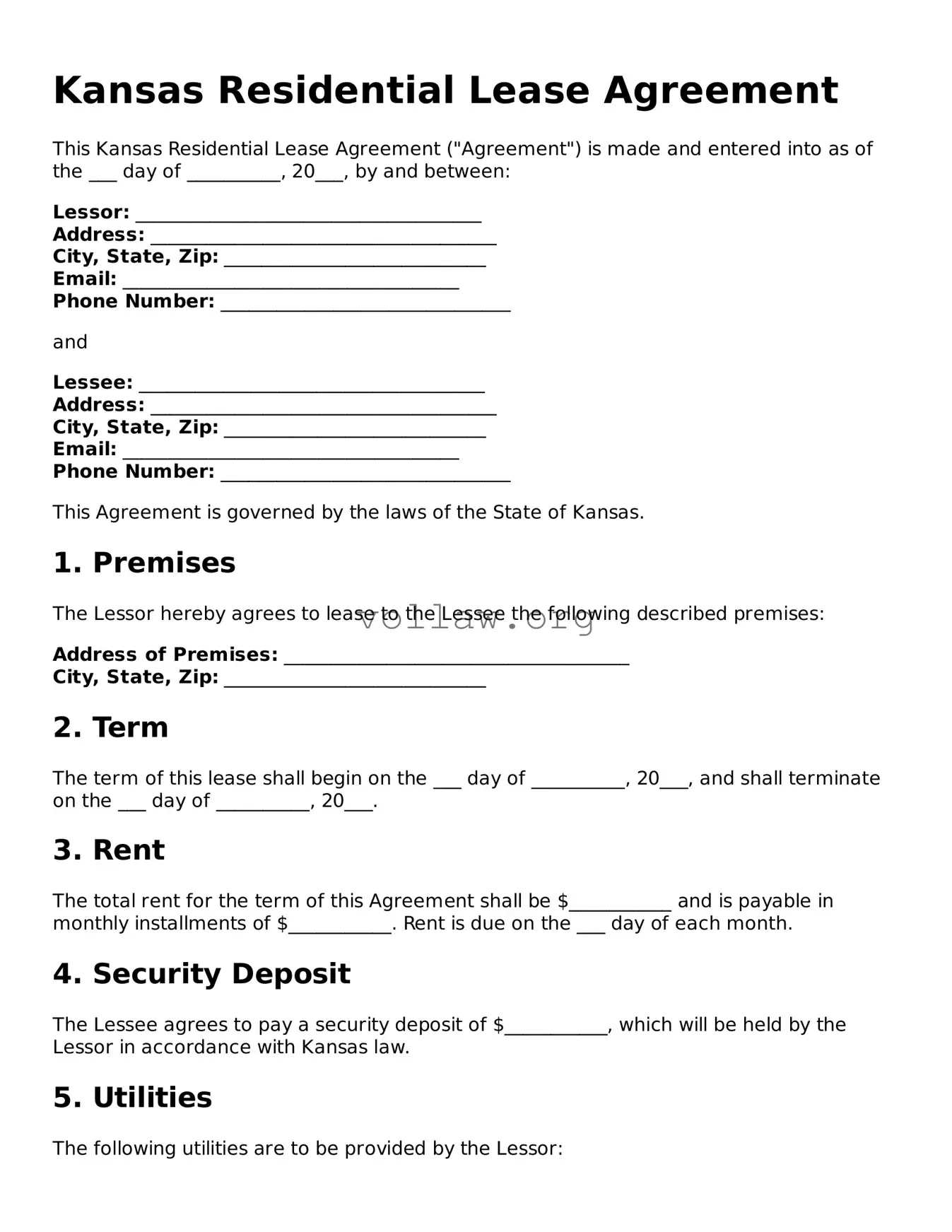 Attorney-Verified  Residential Lease Agreement Form for Kansas