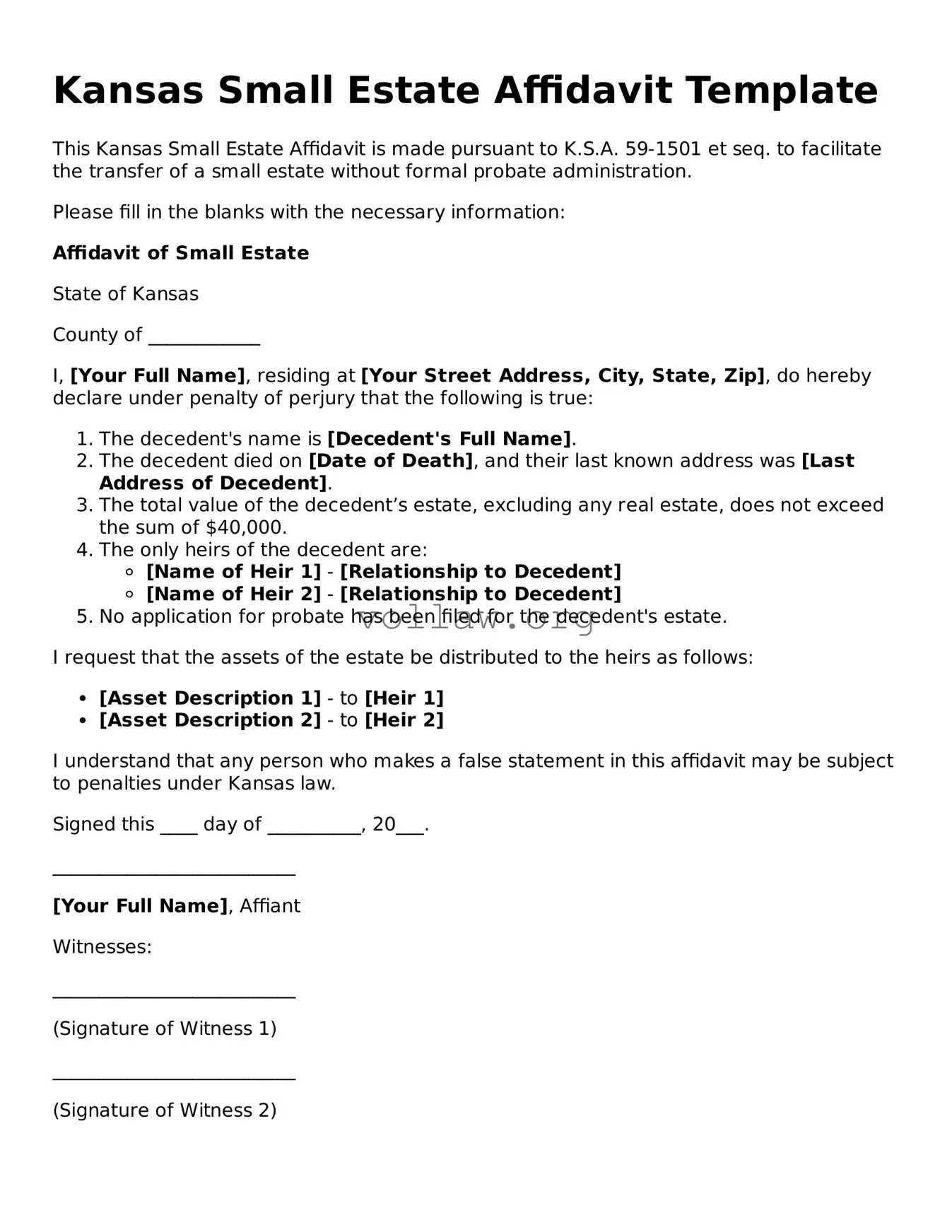 Attorney-Verified  Small Estate Affidavit Form for Kansas