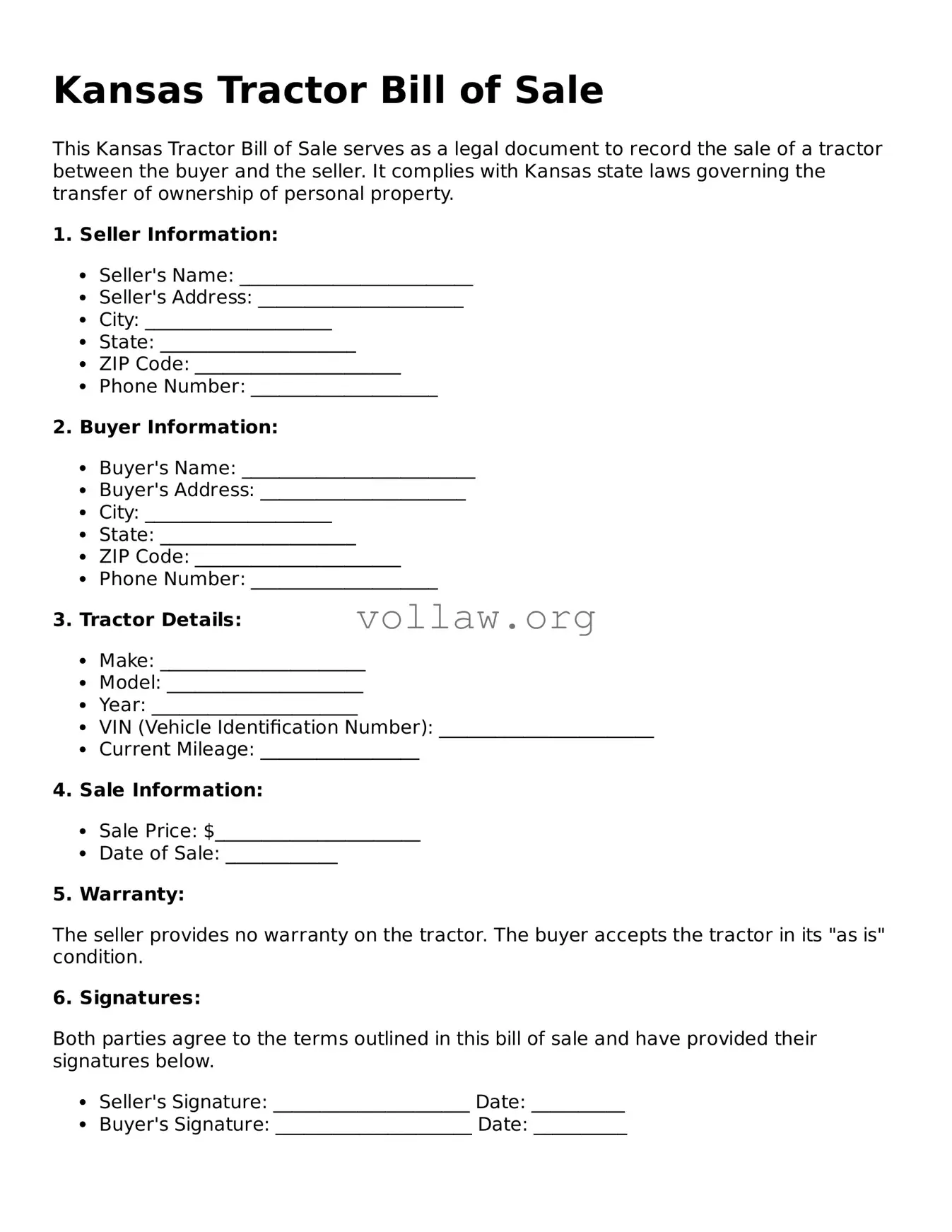 Attorney-Verified  Tractor Bill of Sale Form for Kansas