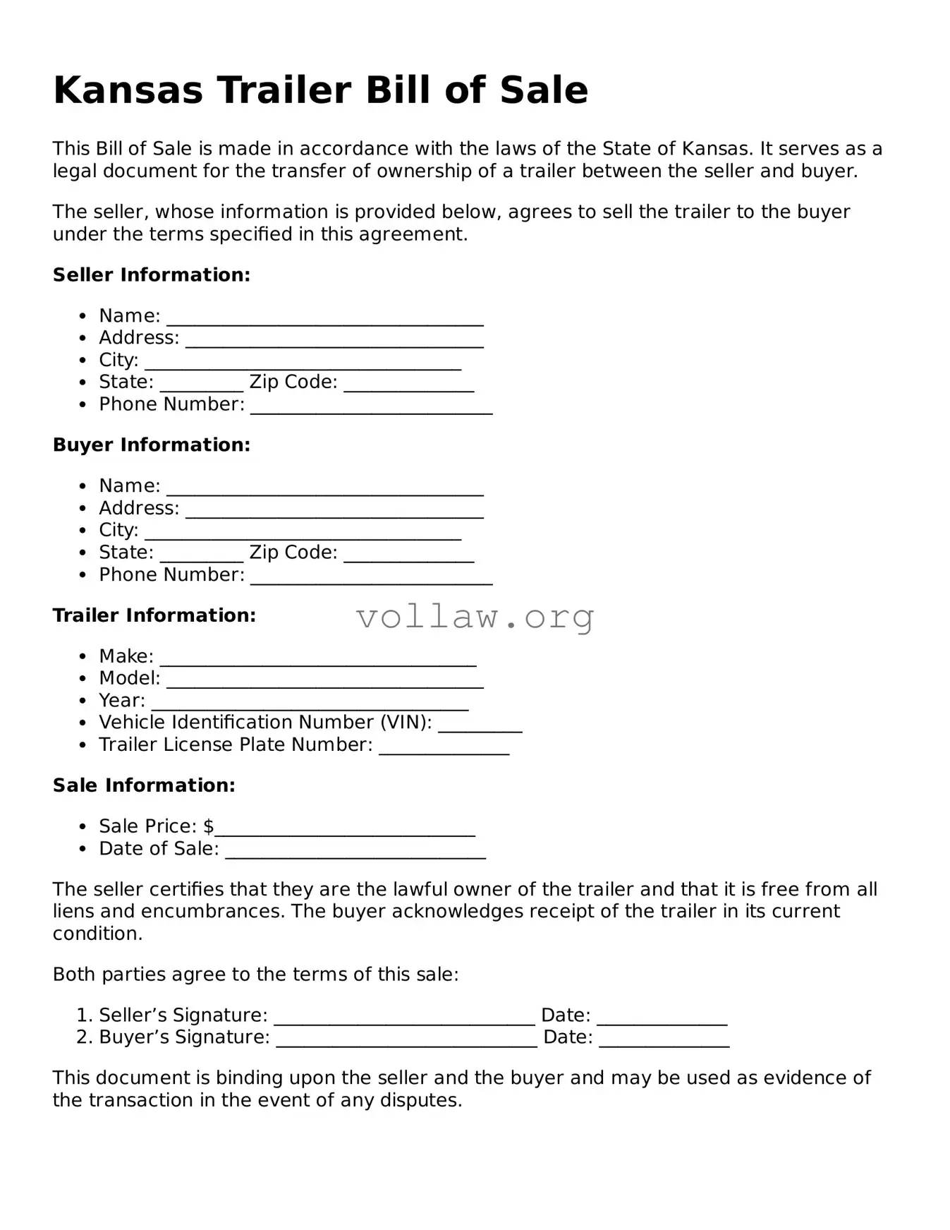 Attorney-Verified  Trailer Bill of Sale Form for Kansas
