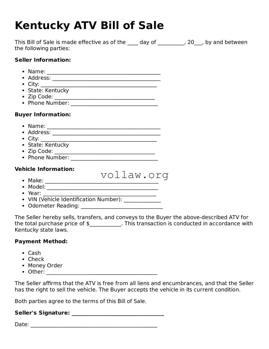 Attorney-Verified  ATV Bill of Sale Form for Kentucky