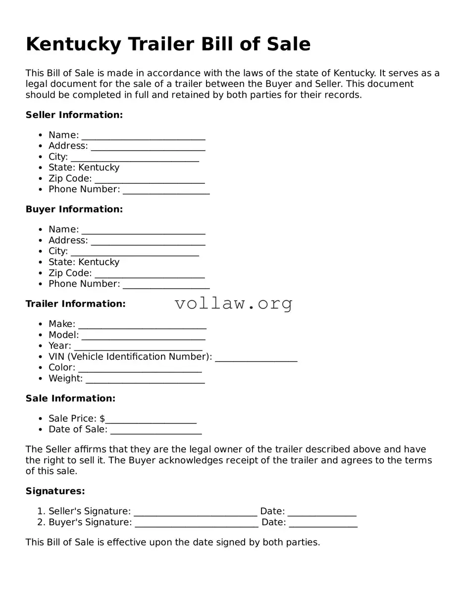 Attorney-Verified  Trailer Bill of Sale Form for Kentucky