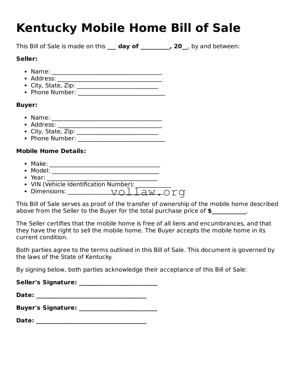 Attorney-Verified  Mobile Home Bill of Sale Form for Kentucky
