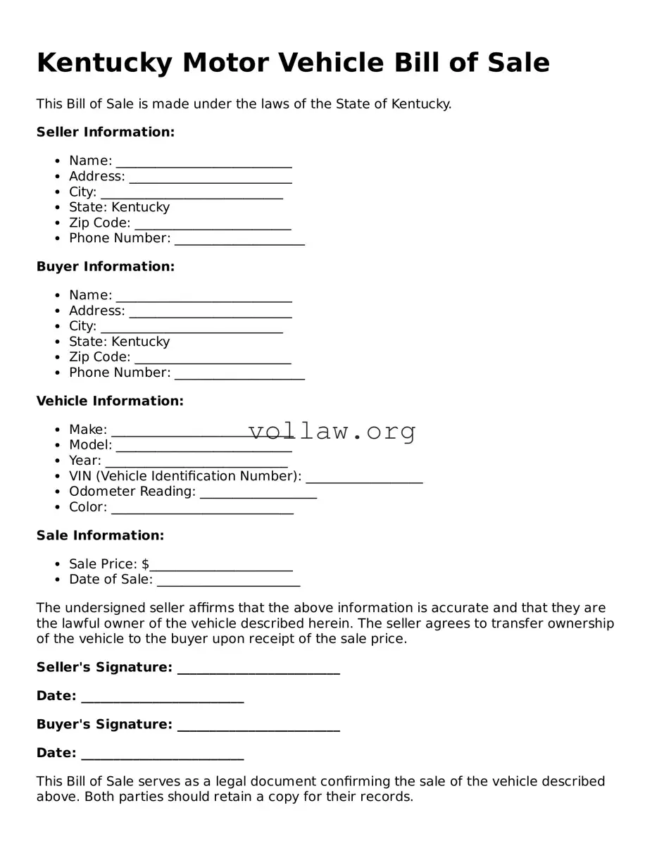 Attorney-Verified  Motor Vehicle Bill of Sale Form for Kentucky