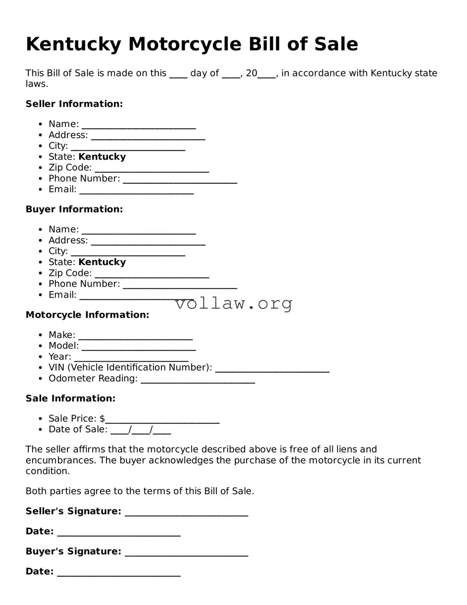 Attorney-Verified  Motorcycle Bill of Sale Form for Kentucky