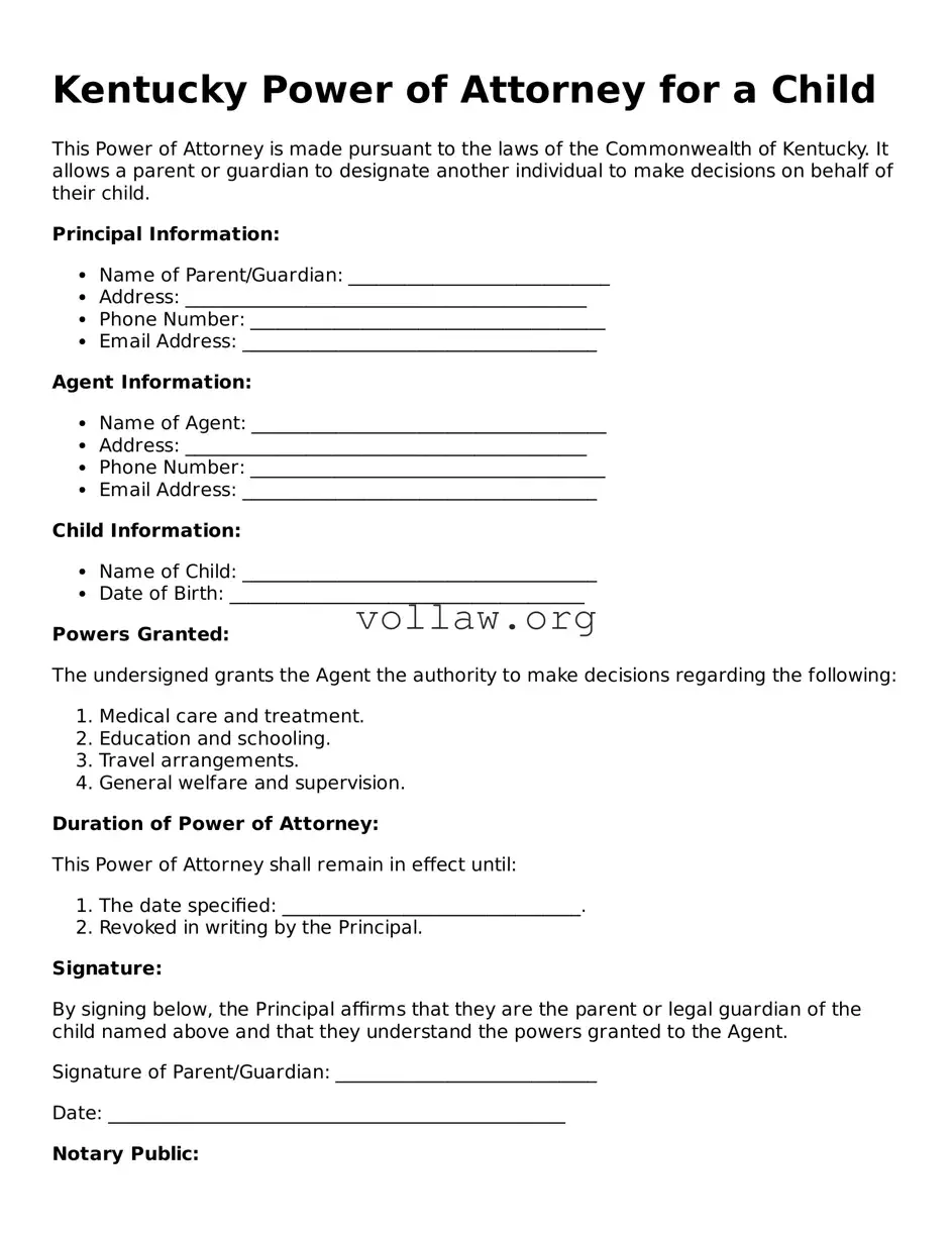 Attorney-Verified  Power of Attorney for a Child Form for Kentucky