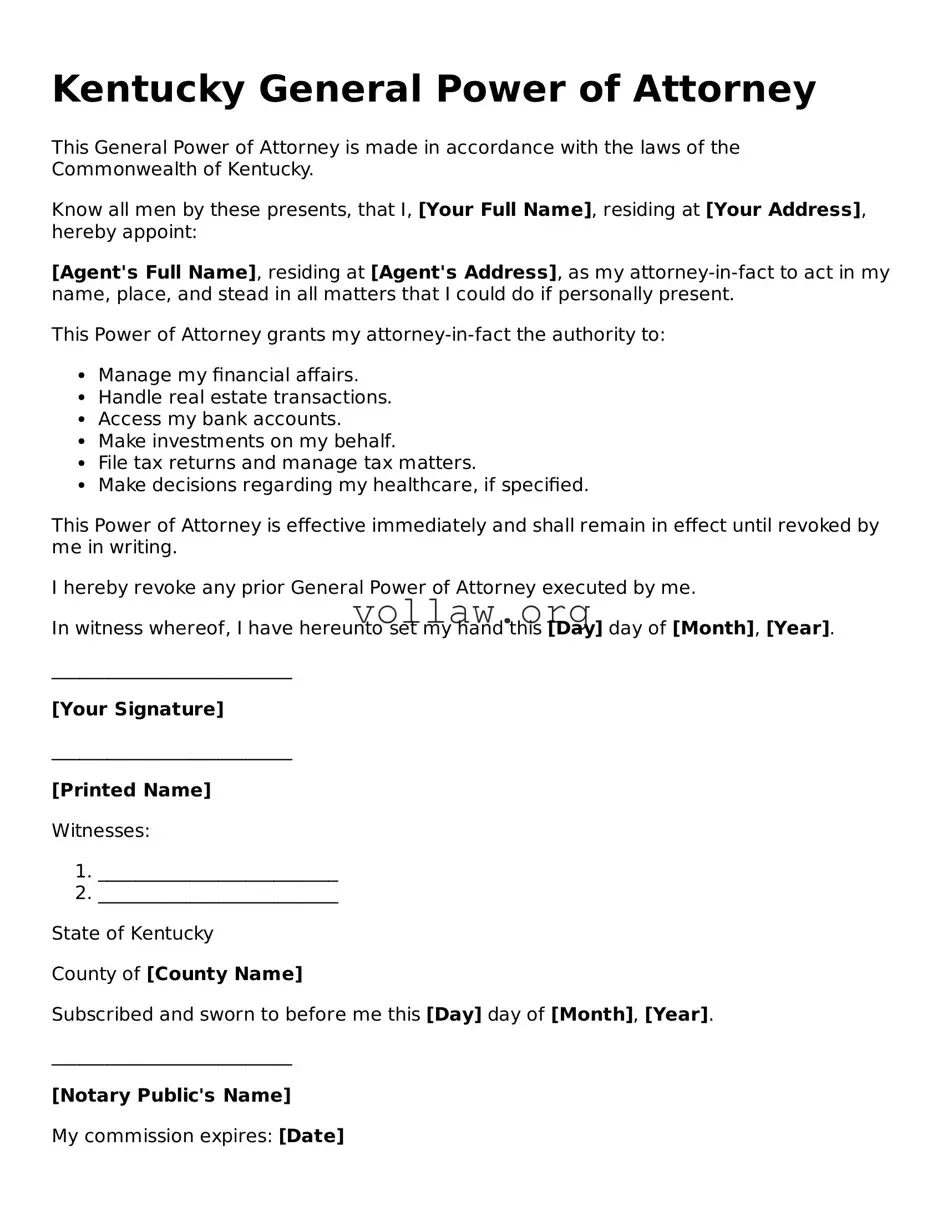 Attorney-Verified  General Power of Attorney Form for Kentucky