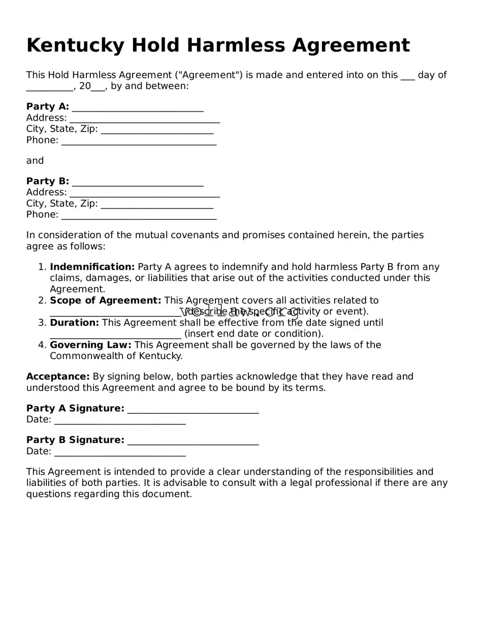 Attorney-Verified  Hold Harmless Agreement Form for Kentucky