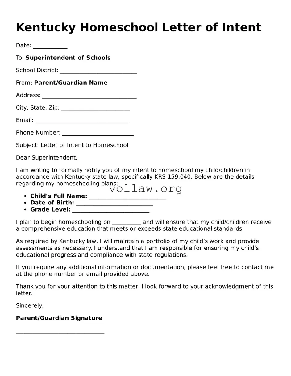 Attorney-Verified  Homeschool Letter of Intent Form for Kentucky