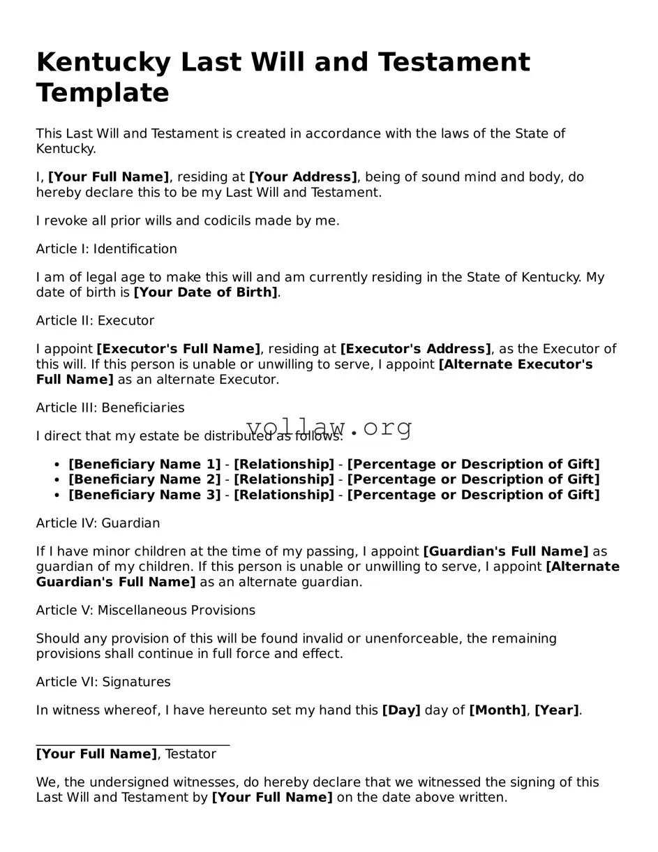 Attorney-Verified  Last Will and Testament Form for Kentucky