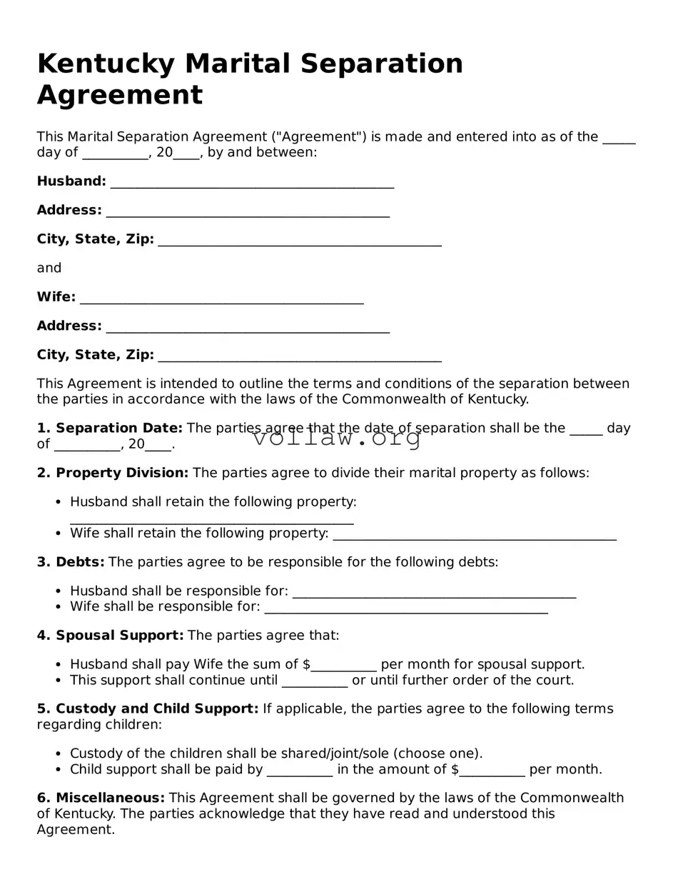 Attorney-Verified  Marital Separation Agreement Form for Kentucky