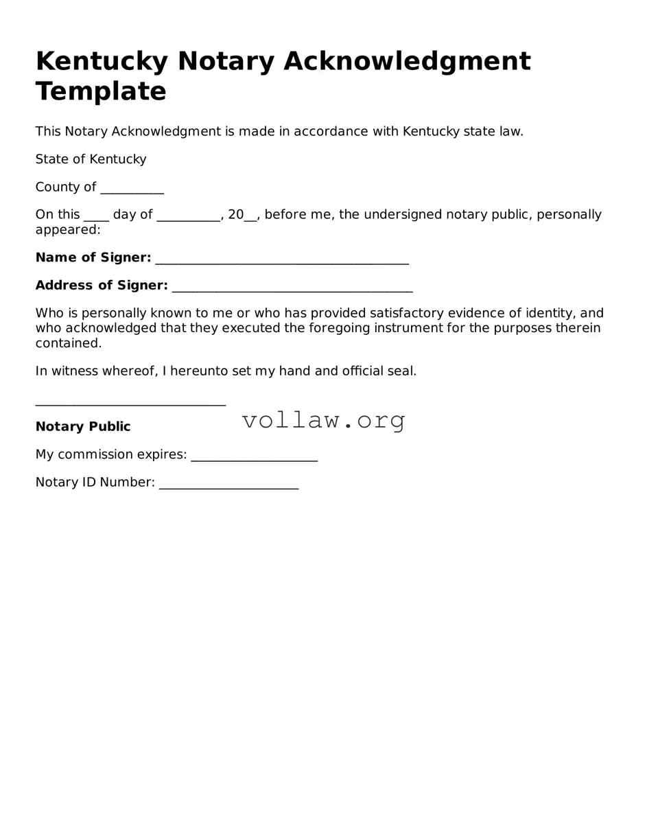 Attorney-Verified  Notary Acknowledgement Form for Kentucky