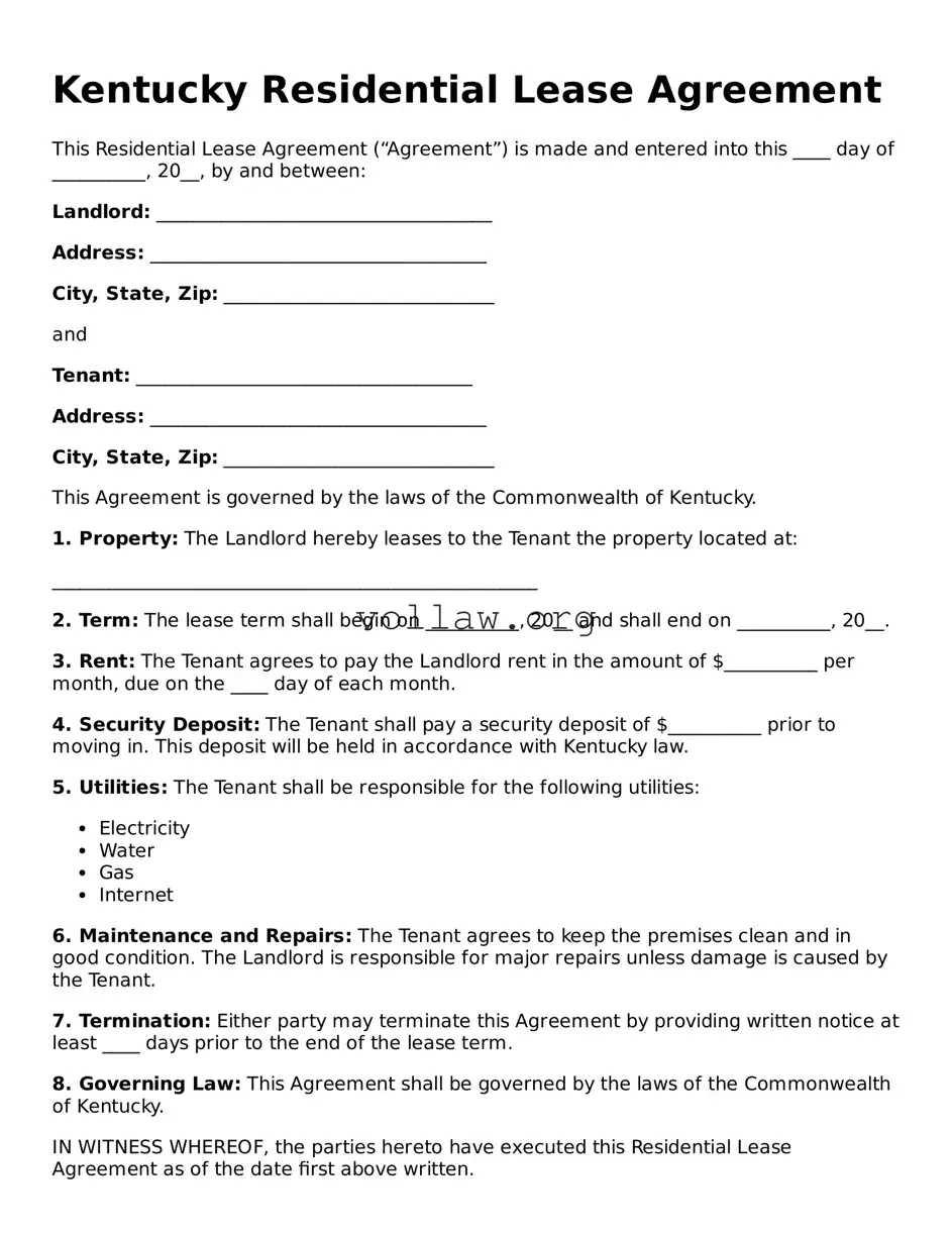 Attorney-Verified  Residential Lease Agreement Form for Kentucky