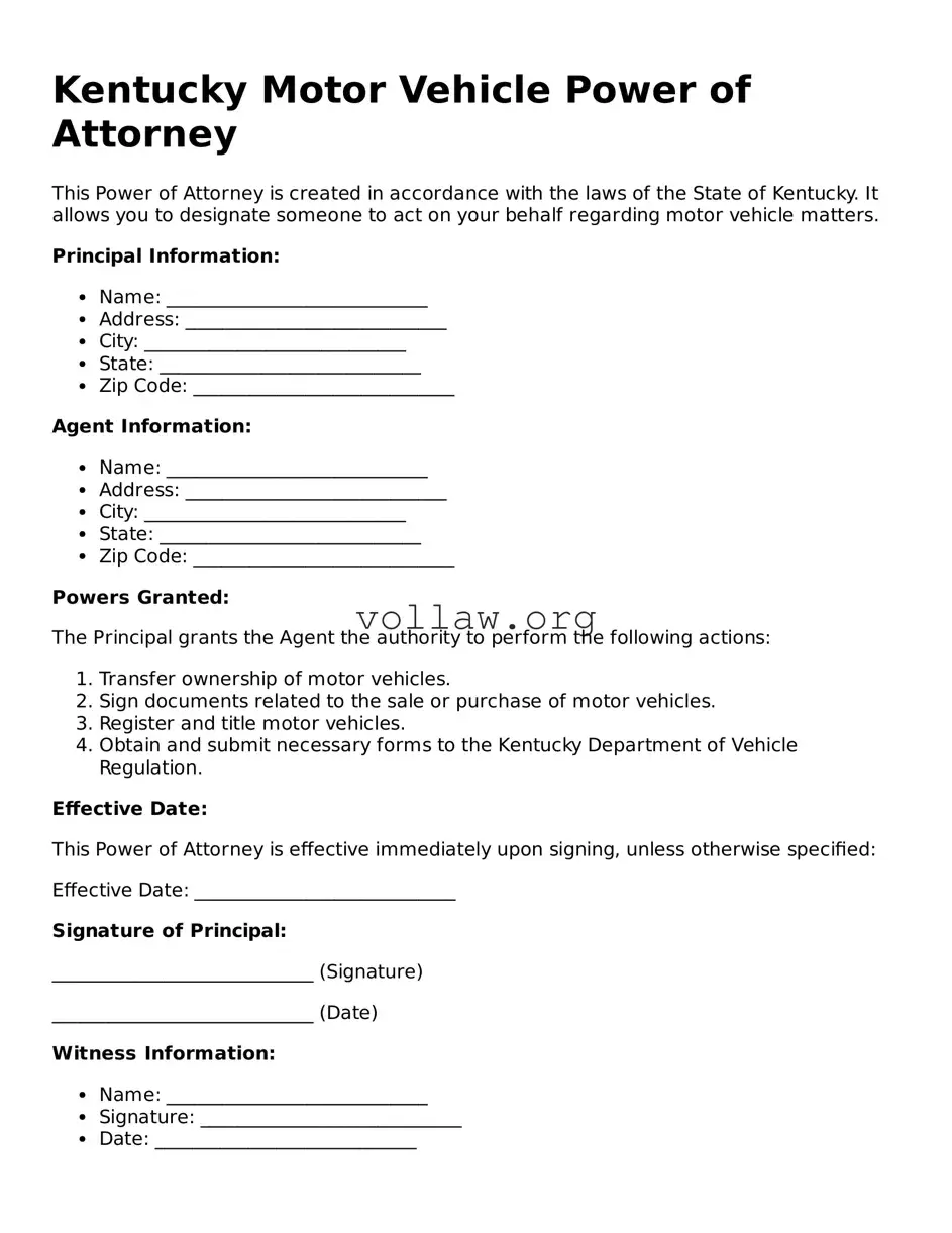 Attorney-Verified  Motor Vehicle Power of Attorney Form for Kentucky
