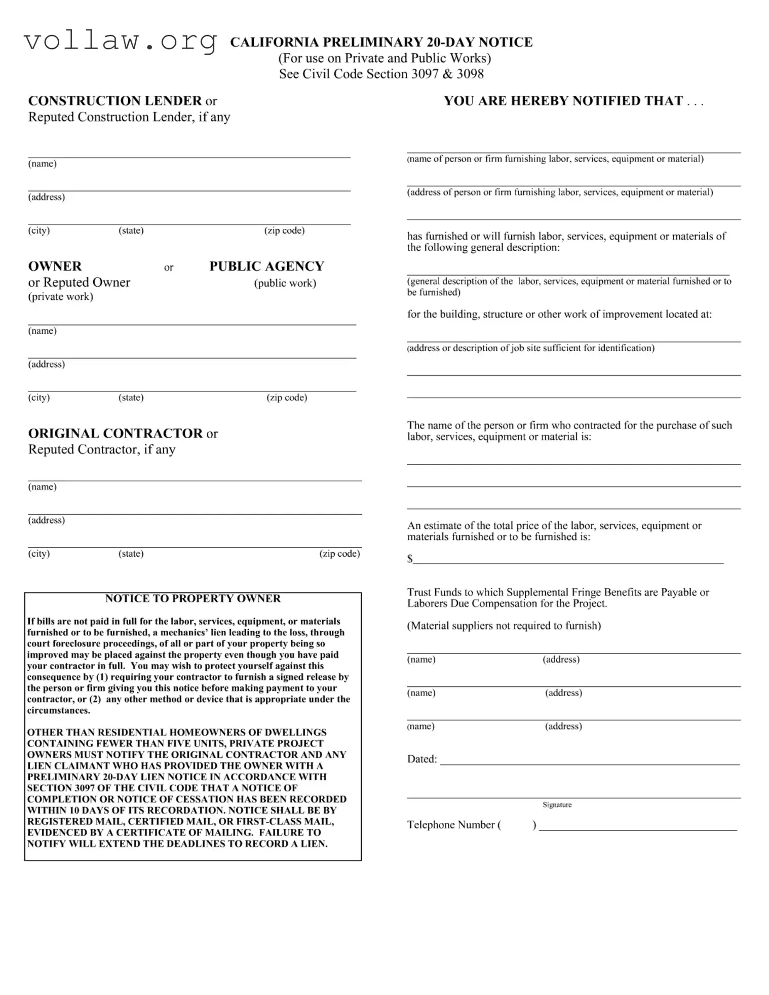 California Preliminary 20 Day Notice Template