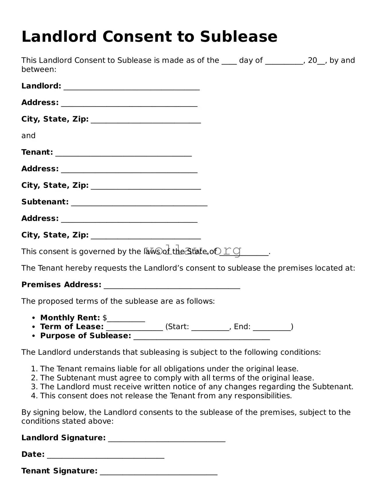 Free Landlord Consent to Sublease Form