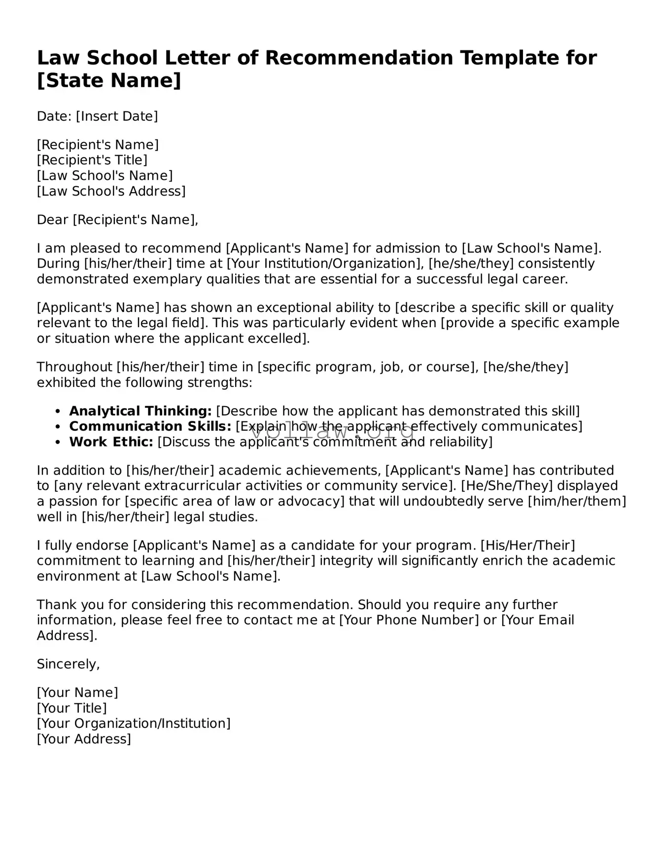 Free Law School Letter of Recommendation Form