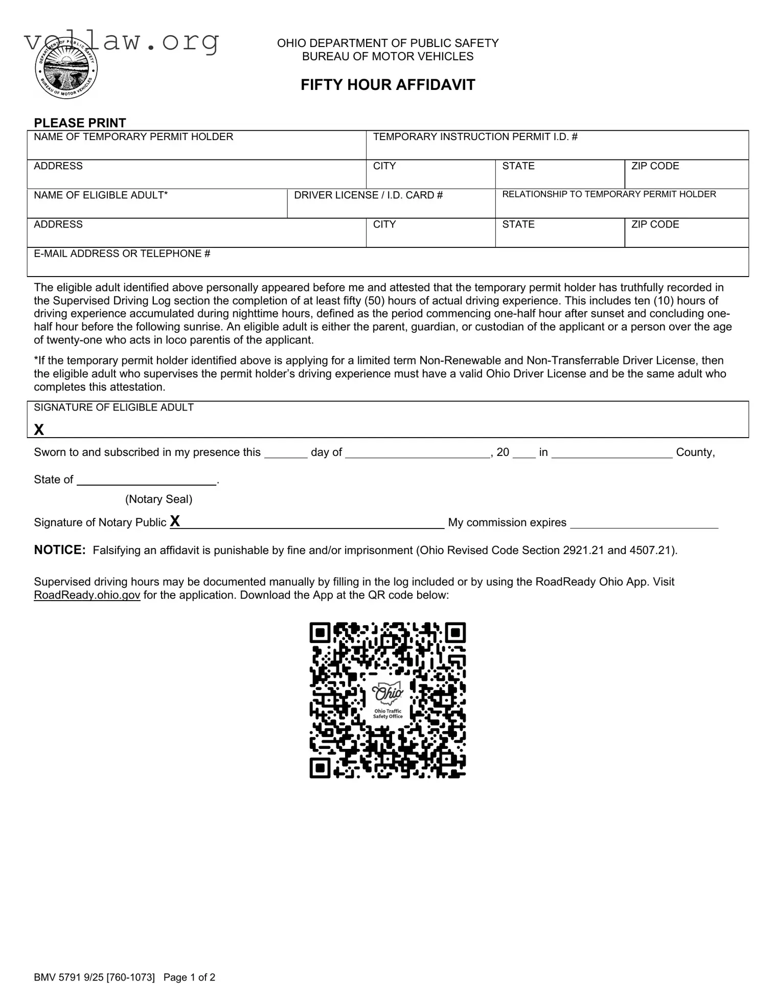 Driving Fifty Hour Affidavit Template